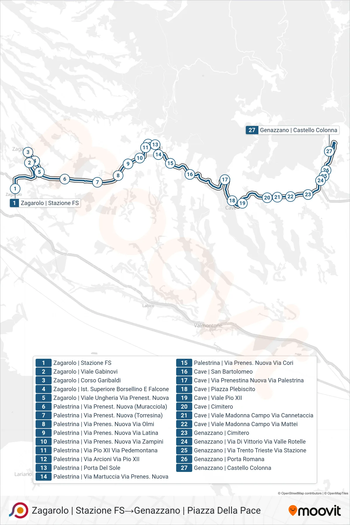 Linea COTRAL bus (Zagarolo | Stazione FS→Genazzano | Piazza Della Pace) - Percorsi e fermate sulla mappa