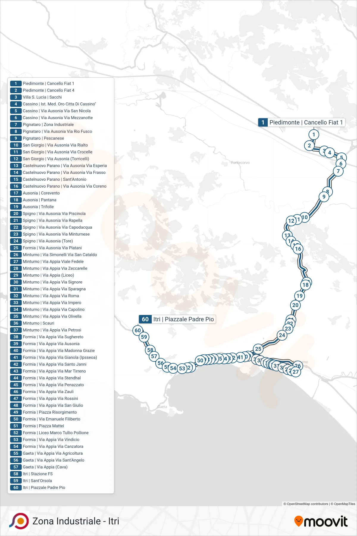 Linea COTRAL bus (Piedimonte | Cancello Fiat 1→Itri | Piazzale Padre Pio) - Percorsi e fermate sulla mappa