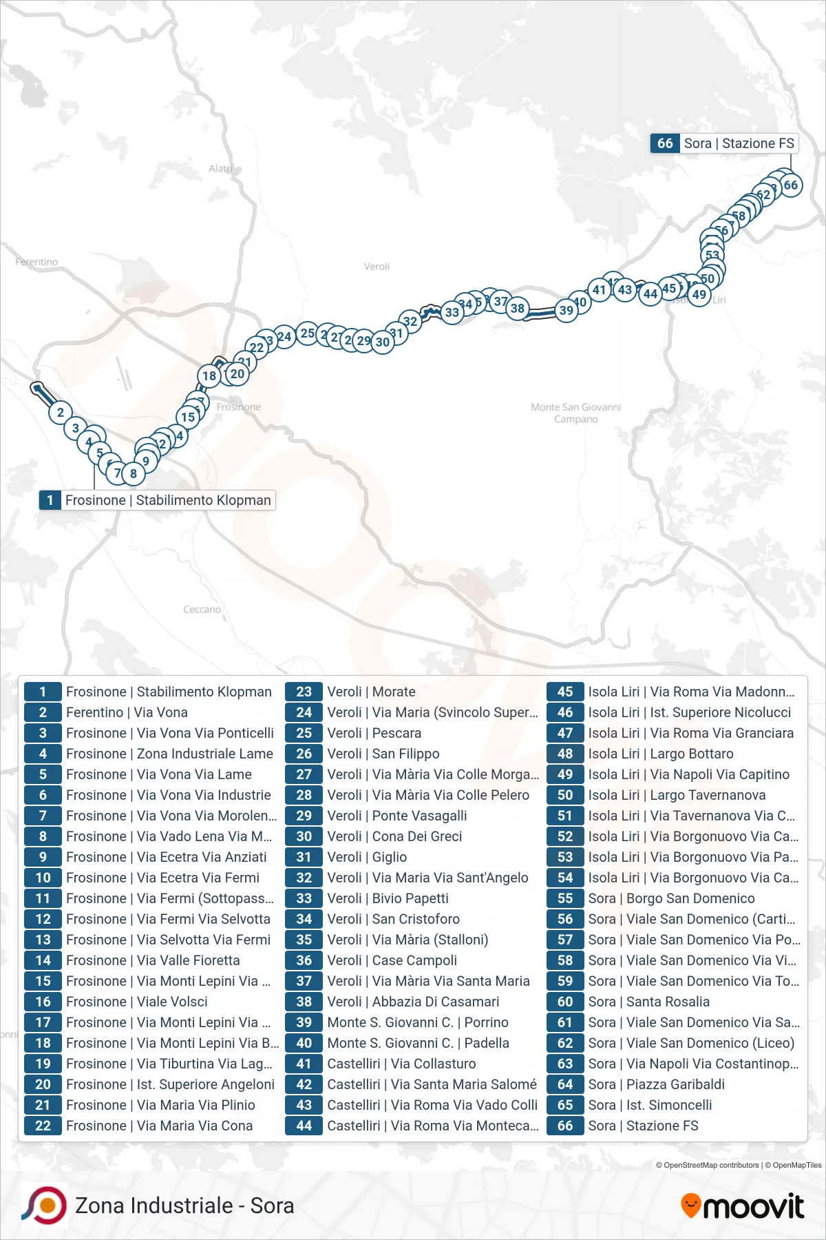 Linea COTRAL bus (Frosinone | Stabilimento Klopman→Sora | Stazione FS) - Percorsi e fermate sulla mappa