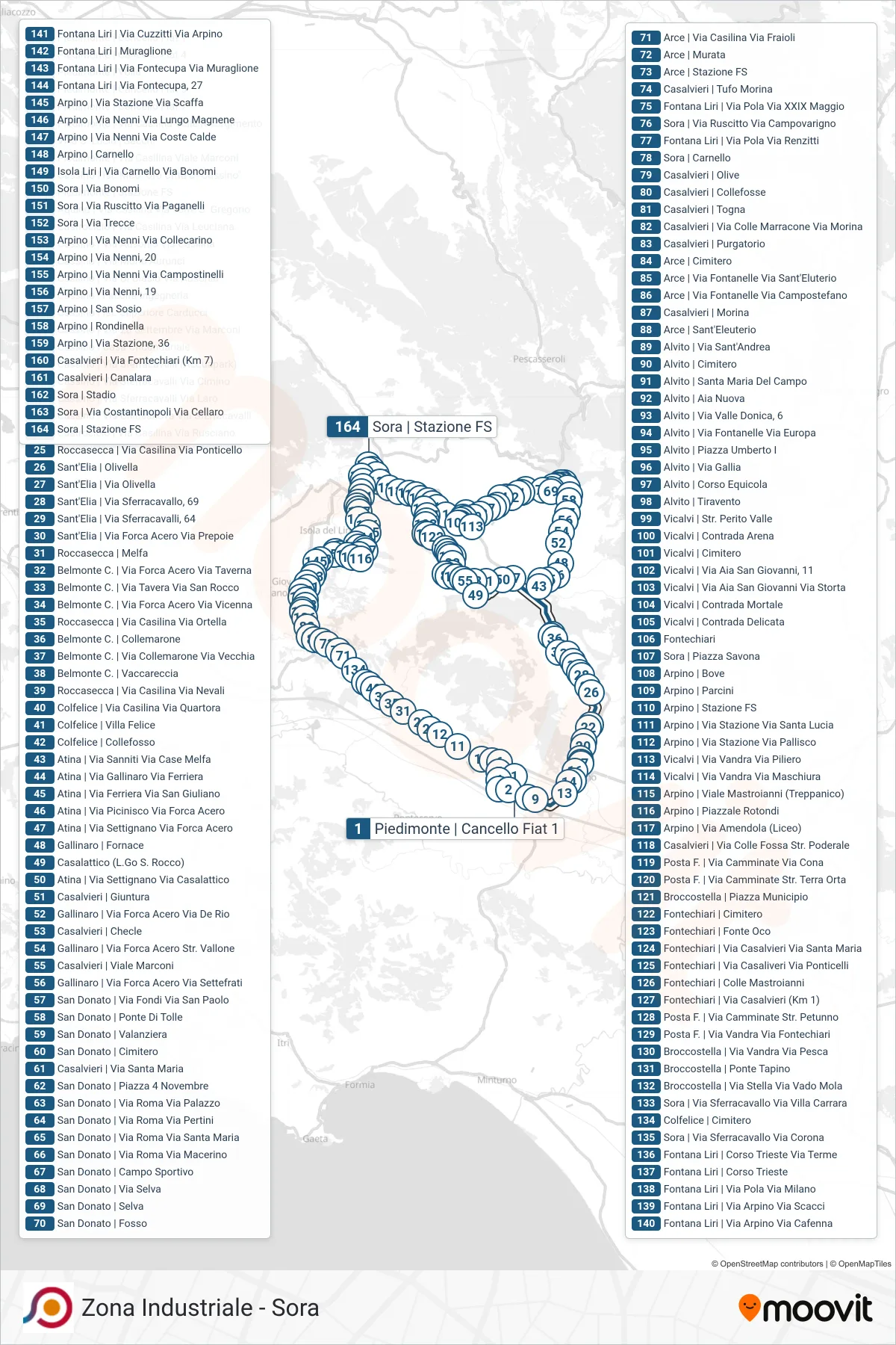 Linea COTRAL  bus (Piedimonte | Cancello Fiat 1‎→Sora | Stazione FS) - Percorsi e fermate sulla mappa