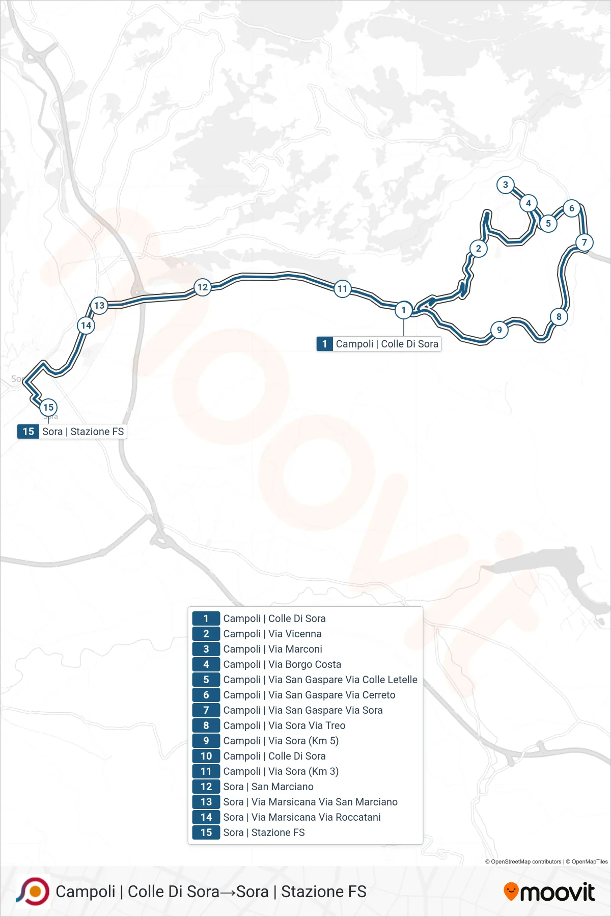Linea COTRAL  bus (Campoli | Colle Di Sora‎→Sora | Stazione FS) - Percorsi e fermate sulla mappa