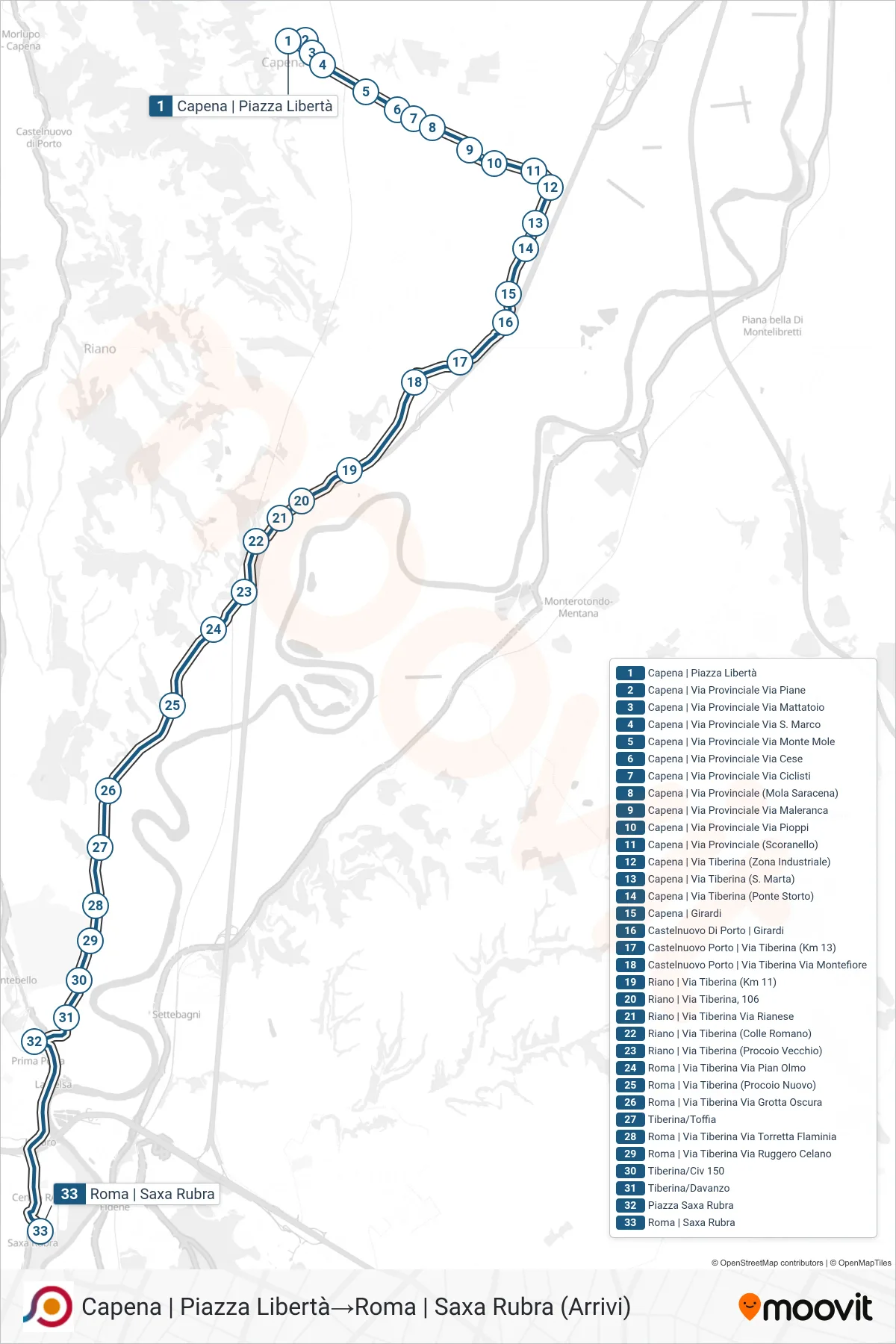 Linea COTRAL  bus (Capena | Piazza Libertà‎→Roma | Saxa Rubra (Arrivi)) - Percorsi e fermate sulla mappa