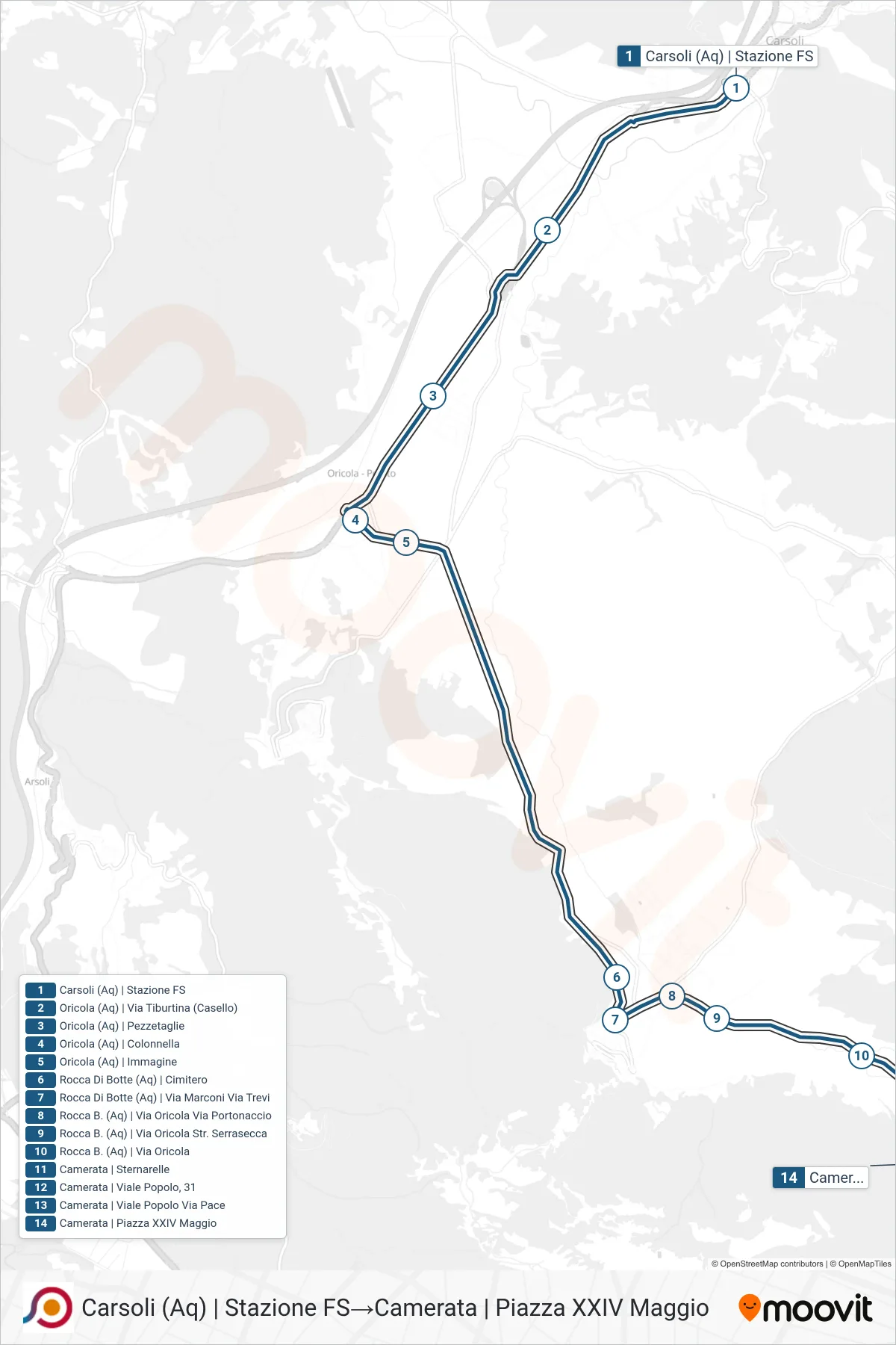 Linea COTRAL bus (Carsoli (Aq) | Stazione FS→Camerata | Piazza XXIV Maggio) - Percorsi e fermate sulla mappa