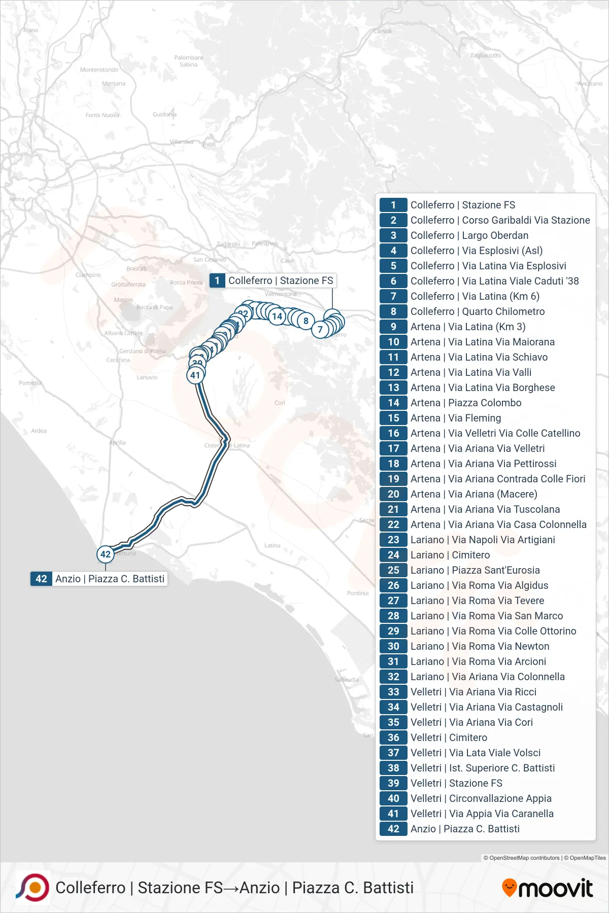 Linea COTRAL bus (Colleferro | Stazione FS→Anzio | Piazza C. Battisti) - Percorsi e fermate sulla mappa