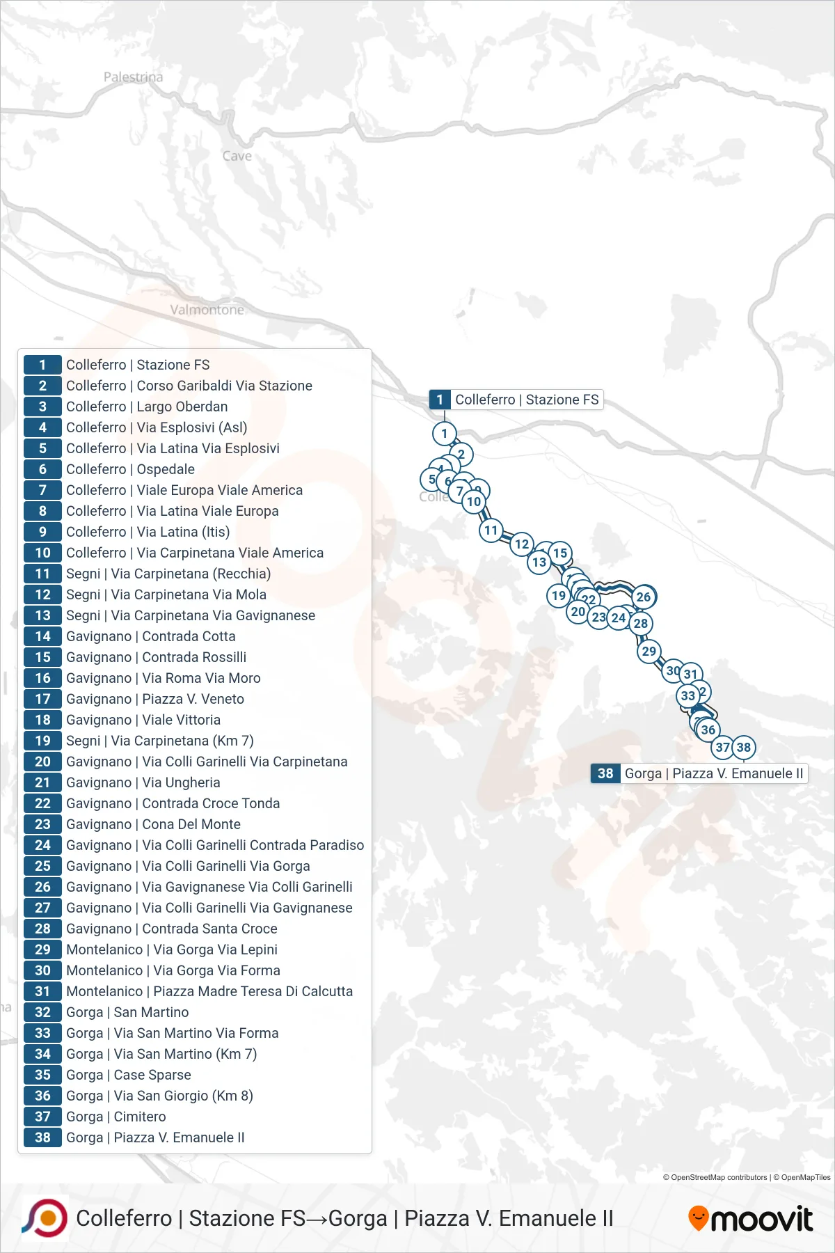 Linea COTRAL bus (Colleferro | Stazione FS→Gorga | Piazza V. Emanuele II) - Percorsi e fermate sulla mappa