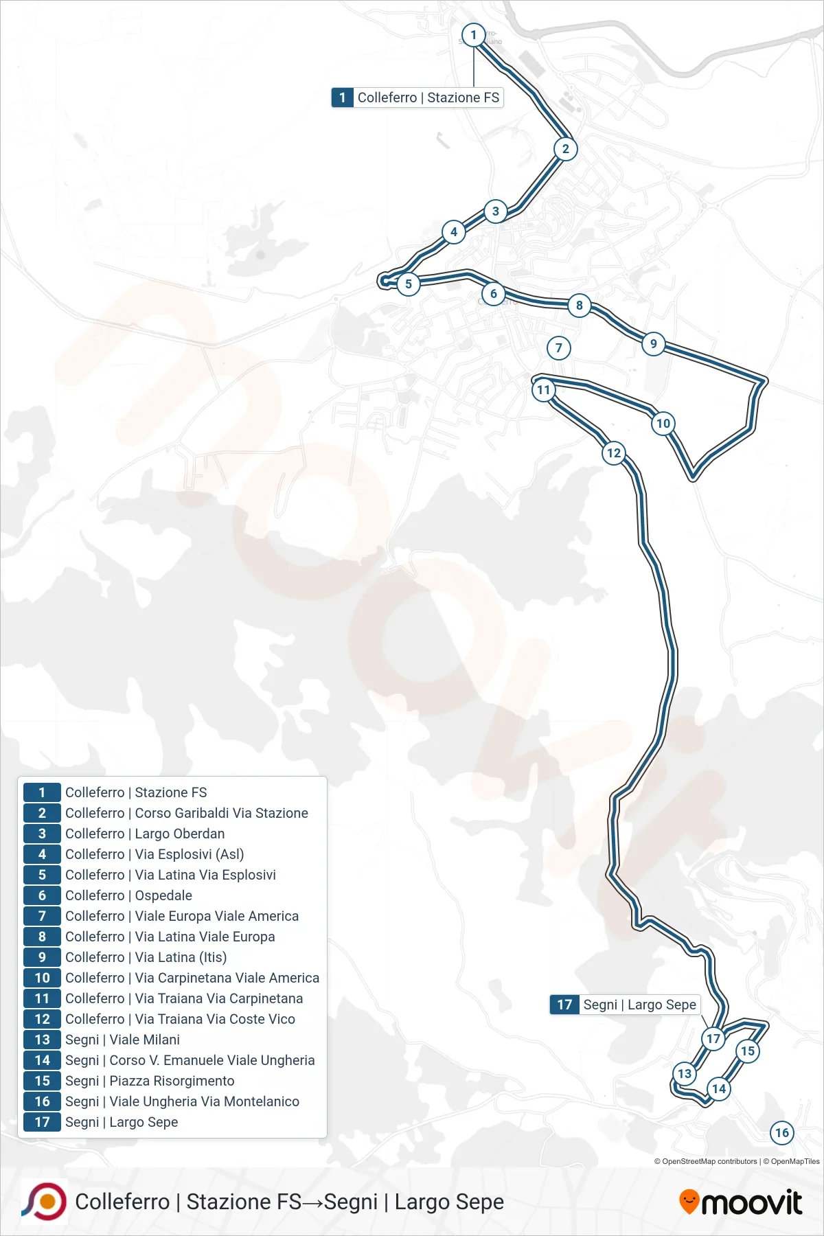 Linea COTRAL bus (Colleferro | Stazione FS→Segni | Largo Sepe) - Percorsi e fermate sulla mappa