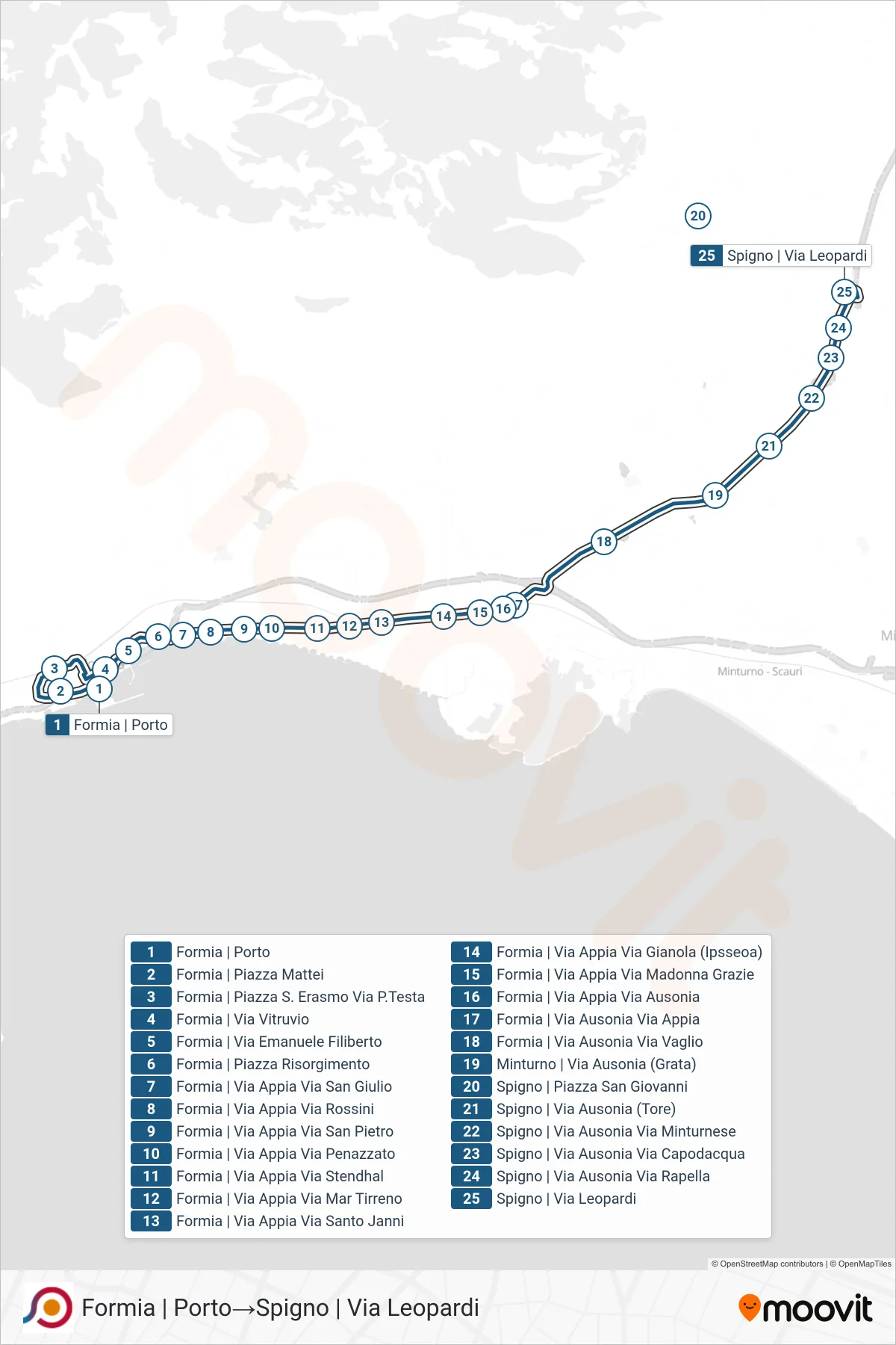 Linea COTRAL bus (Formia | Porto→Spigno | Via Leopardi) - Percorsi e fermate sulla mappa