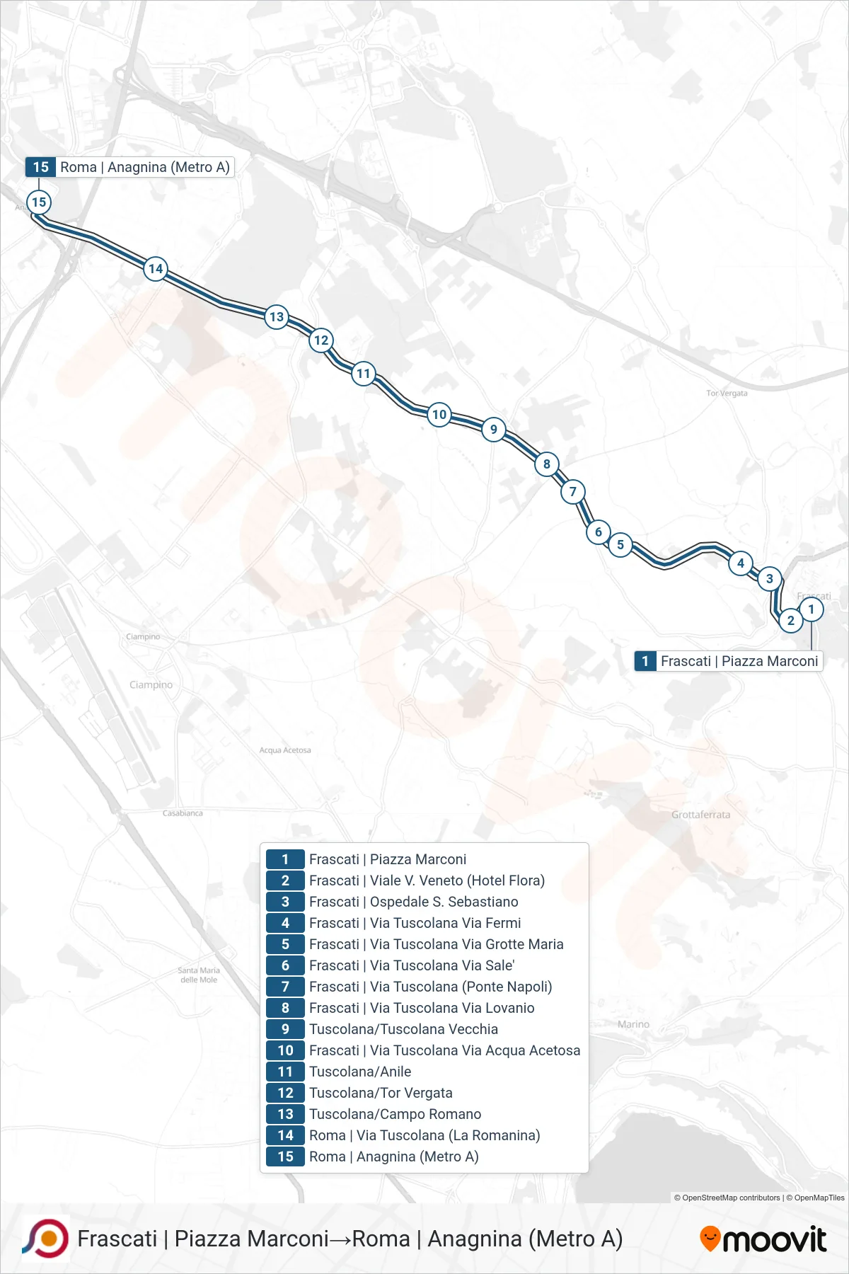 Linea COTRAL bus (Frascati | Piazza Marconi→Roma | Anagnina (Metro A)) - Percorsi e fermate sulla mappa