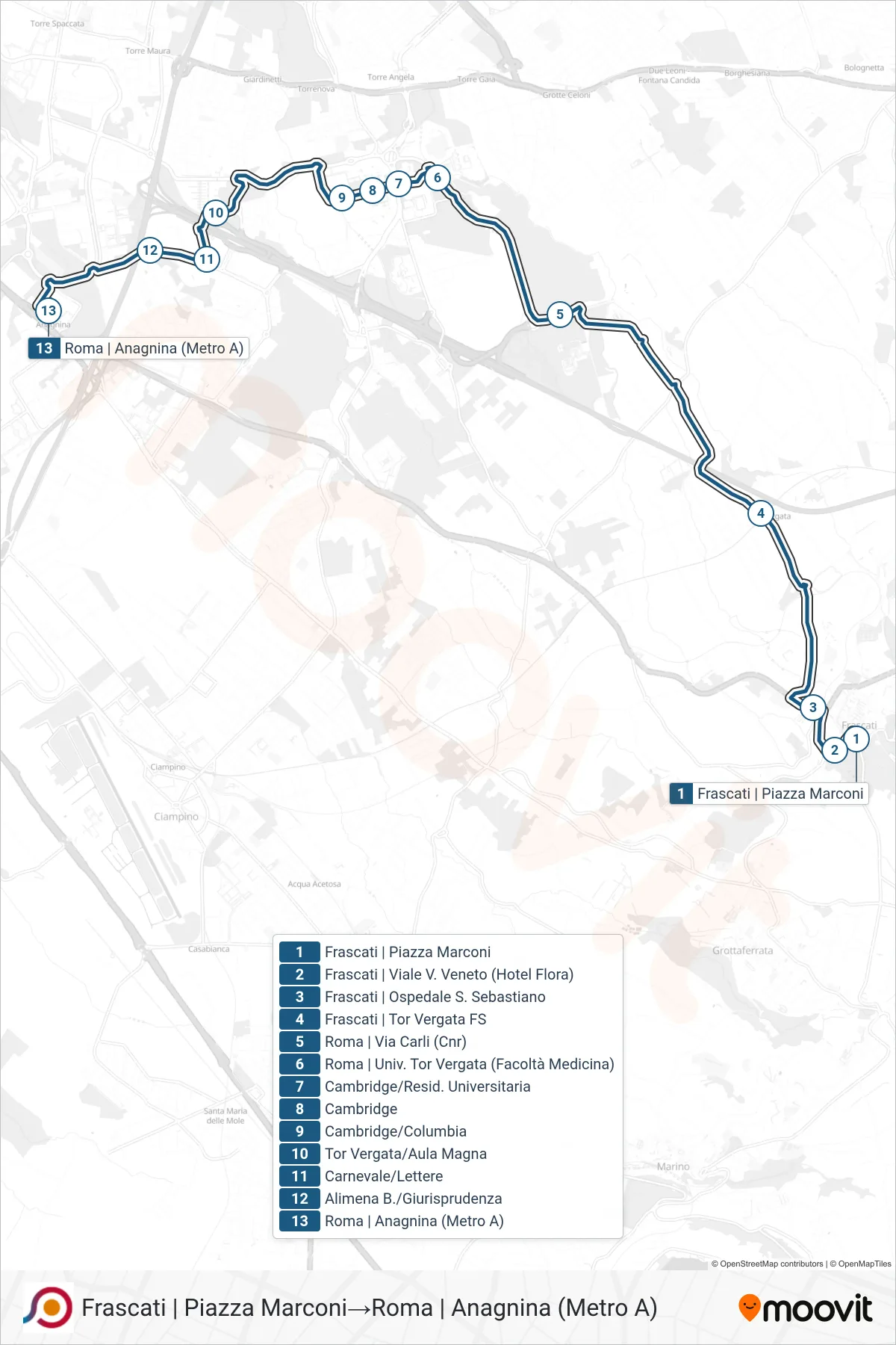 Linea COTRAL bus (Frascati | Piazza Marconi→Roma | Anagnina (Metro A)) - Percorsi e fermate sulla mappa