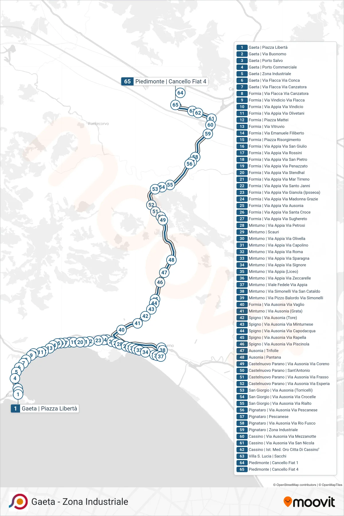 Linea COTRAL bus (Gaeta | Piazza Libertà→Piedimonte | Cancello Fiat 4) - Percorsi e fermate sulla mappa