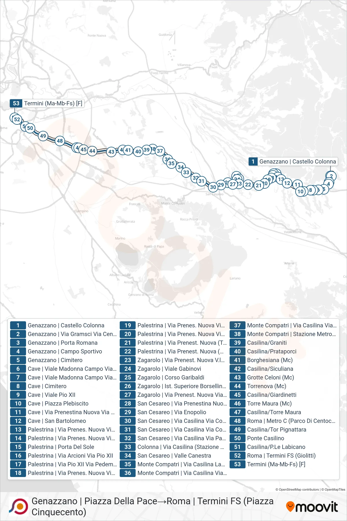 Linea COTRAL  bus (Genazzano | Piazza Della Pace‎→Roma | Termini FS (Piazza Cinquecento)) - Percorsi e fermate sulla mappa