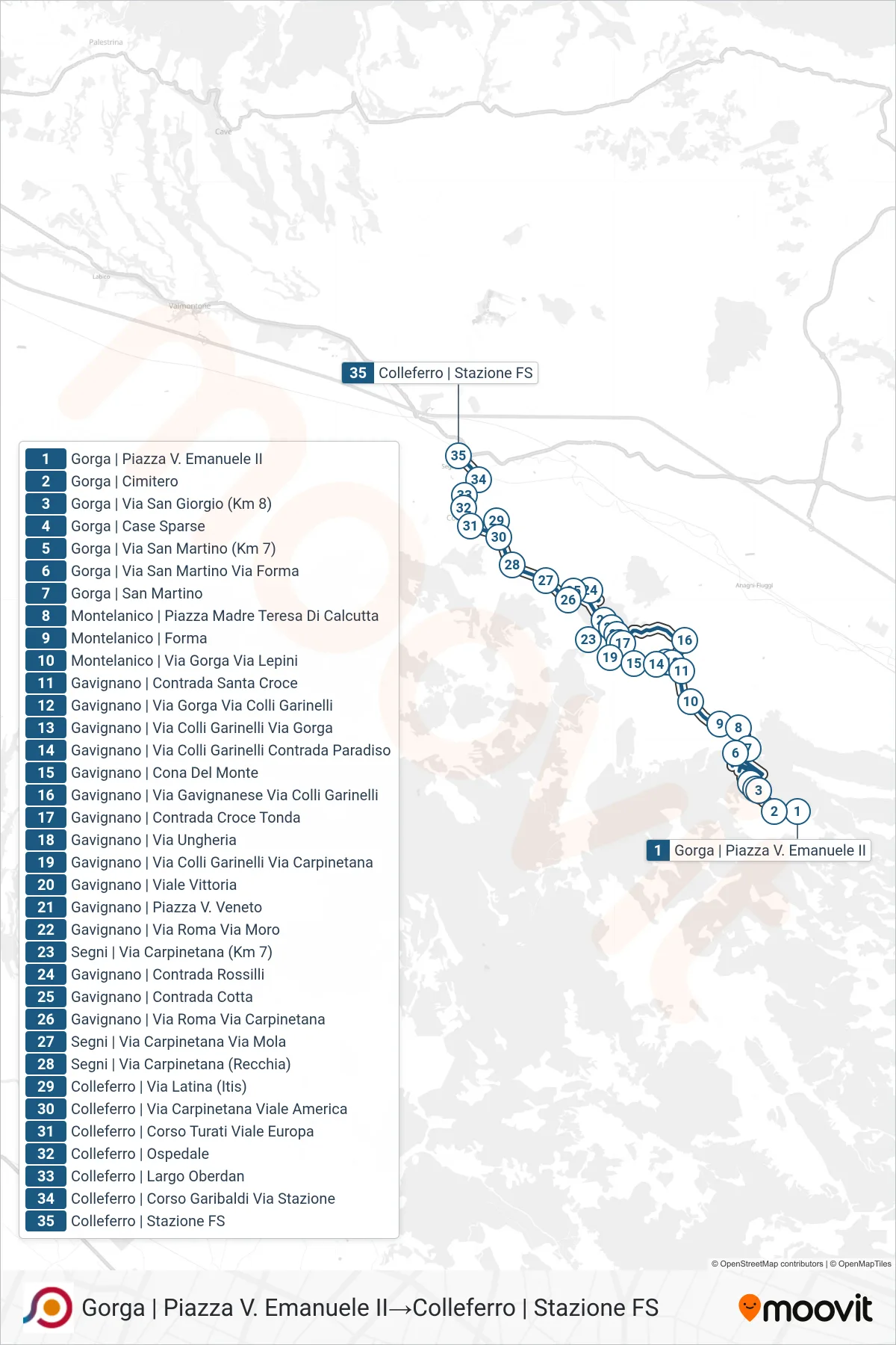 Linea COTRAL bus (Gorga | Piazza V. Emanuele II→Colleferro | Stazione FS) - Percorsi e fermate sulla mappa
