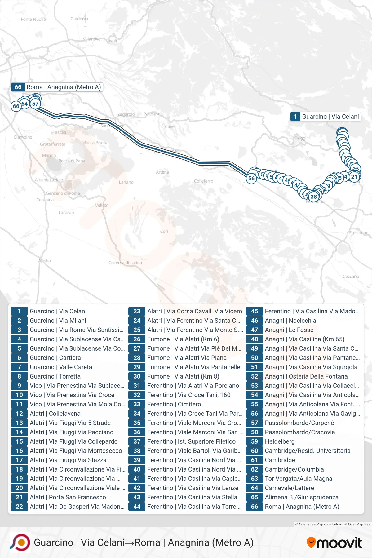 Linea COTRAL bus (Guarcino | Via Celani→Roma | Anagnina (Metro A)) - Percorsi e fermate sulla mappa