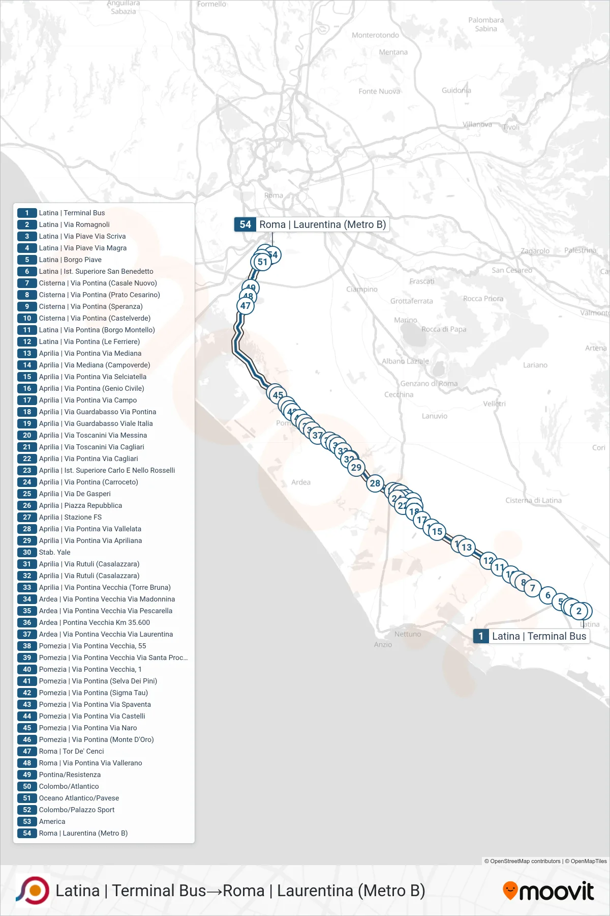 Linea COTRAL bus (Latina | Terminal Bus→Roma | Laurentina (Metro B)) - Percorsi e fermate sulla mappa