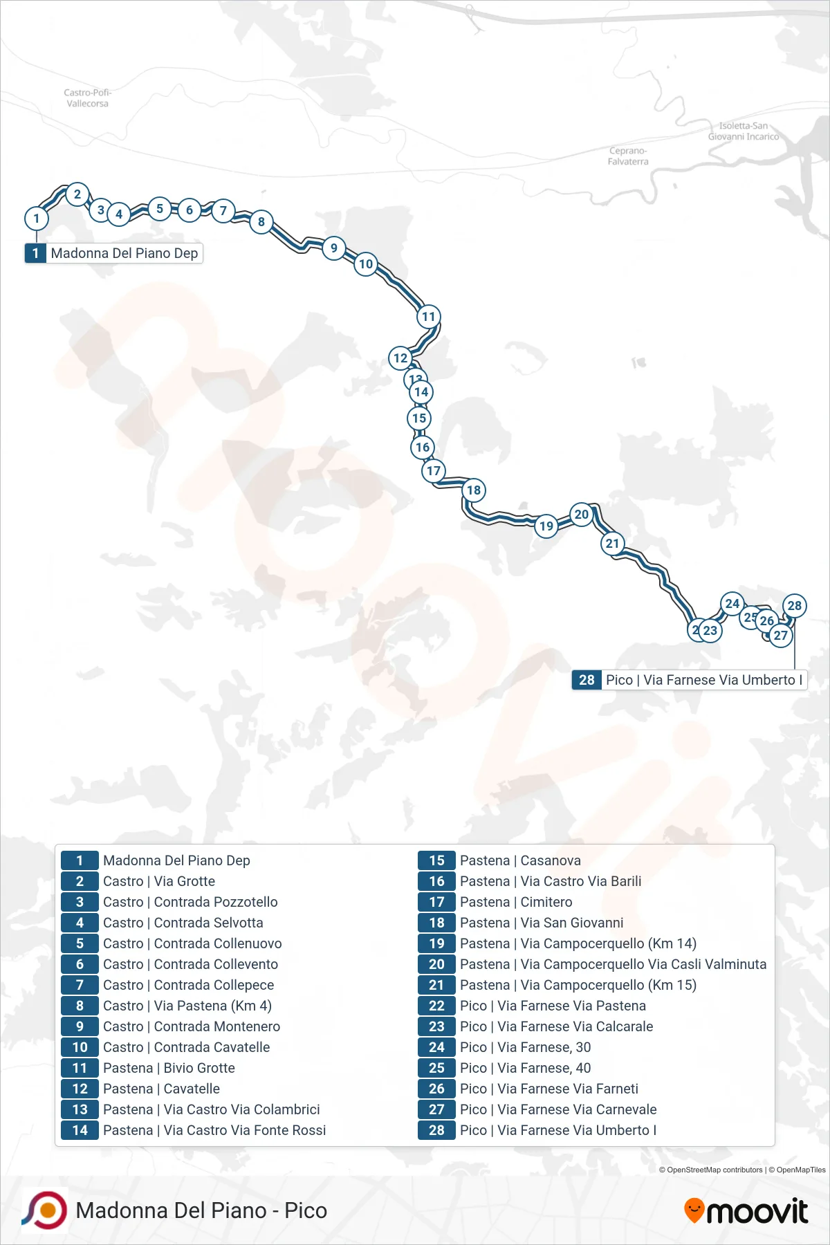 Linea COTRAL bus (Madonna Del Piano Dep→Pico | Via Farnese Via Umberto I) - Percorsi e fermate sulla mappa