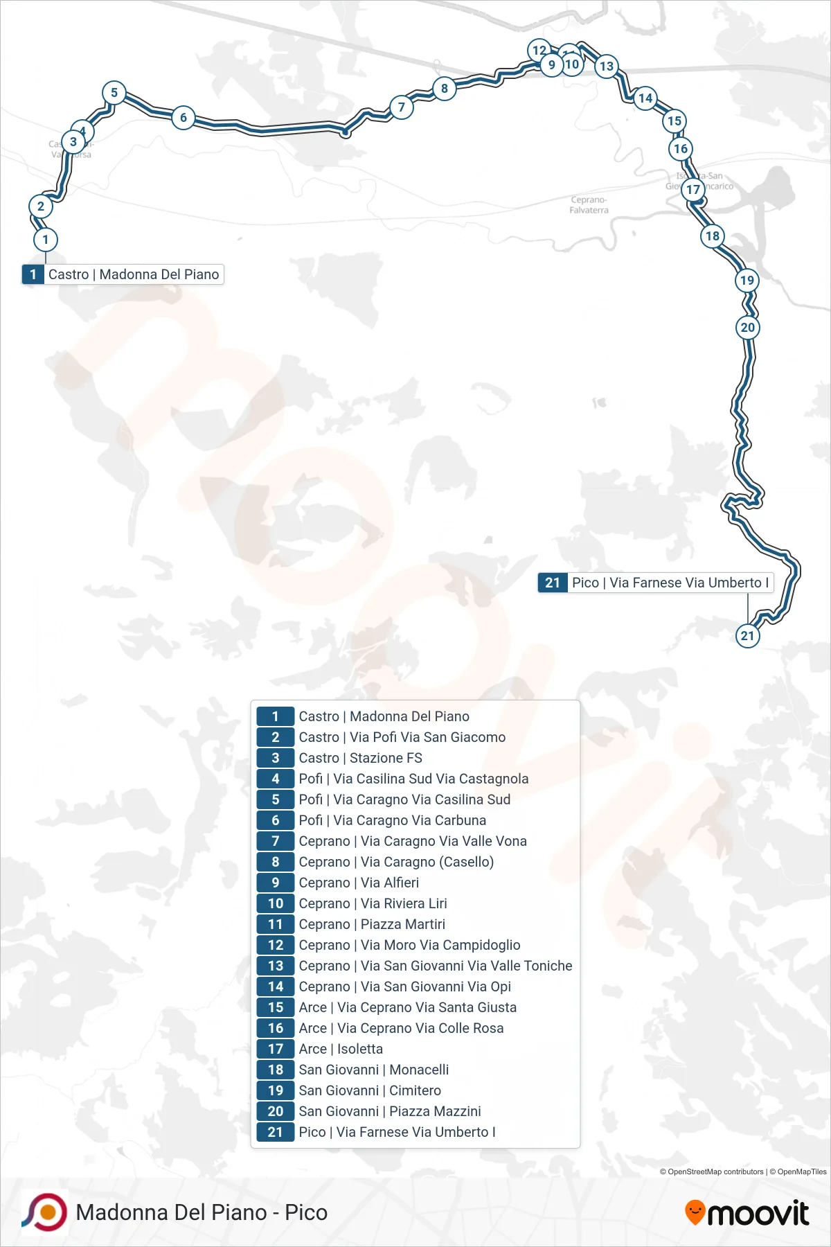 Linea COTRAL bus (Castro | Madonna Del Piano→Pico | Via Farnese Via Umberto I) - Percorsi e fermate sulla mappa
