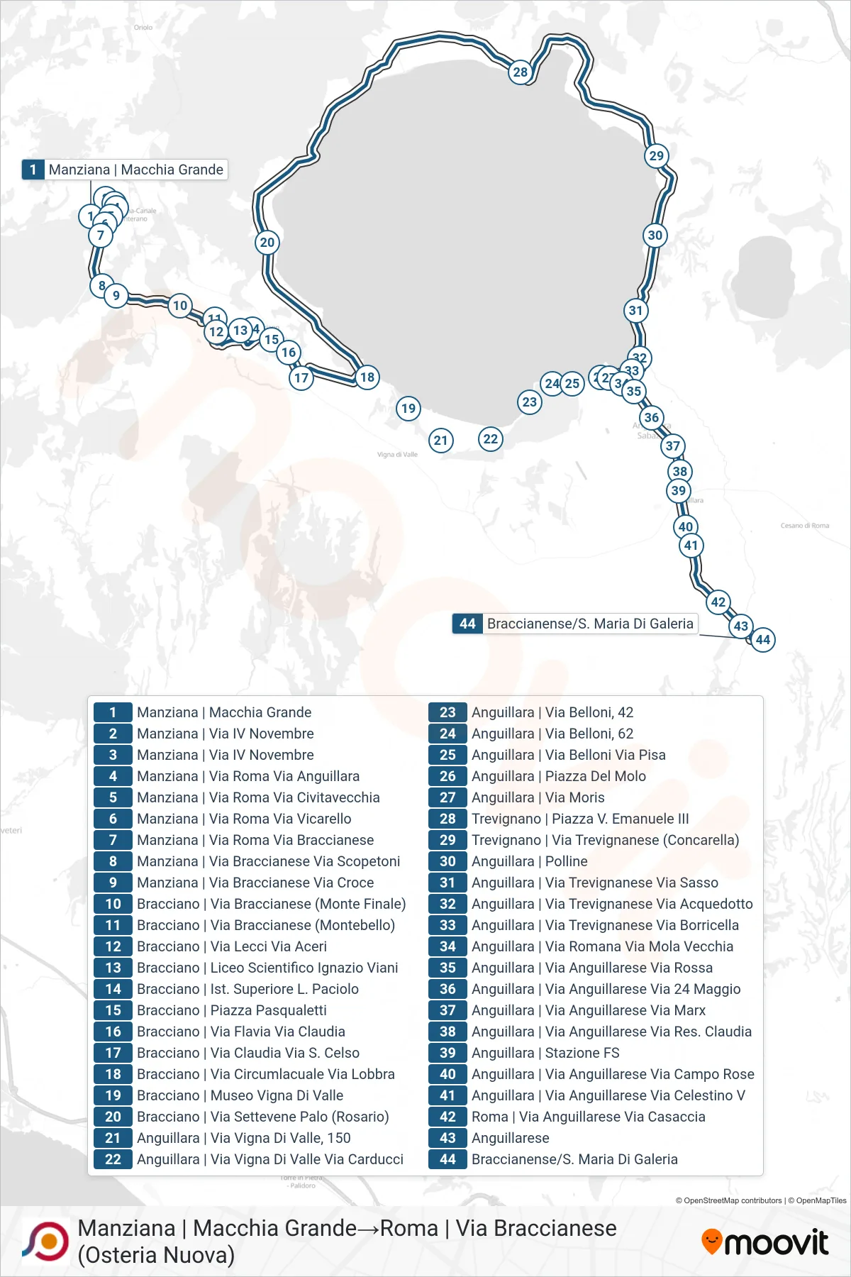Linea COTRAL bus (Manziana | Macchia Grande→Roma | Via Braccianese (Osteria Nuova)) - Percorsi e fermate sulla mappa