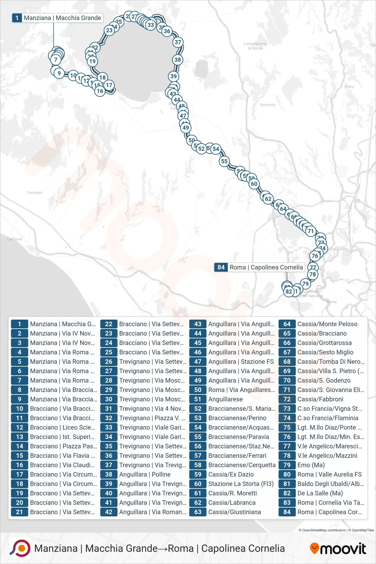 Linea COTRAL bus (Manziana | Macchia Grande→Roma | Capolinea Cornelia) - Percorsi e fermate sulla mappa