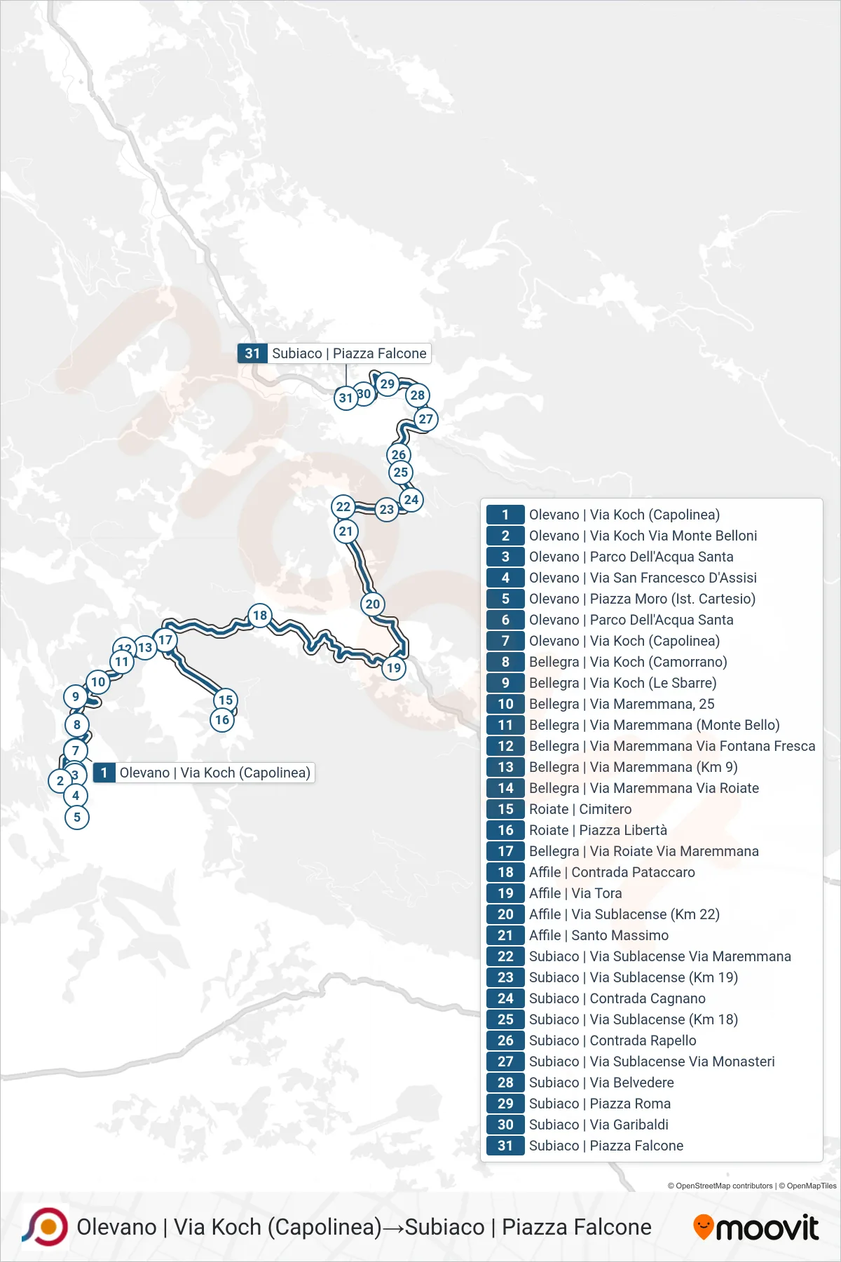 Linea COTRAL bus (Olevano | Via Koch (Capolinea)→Subiaco | Piazza Falcone) - Percorsi e fermate sulla mappa
