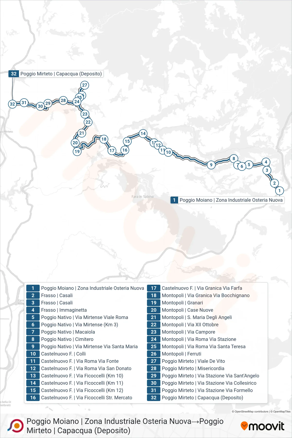 Linea COTRAL bus (Poggio Moiano | Zona Industriale Osteria Nuova→Poggio Mirteto | Capacqua (Deposito)) - Percorsi e fermate sulla mappa