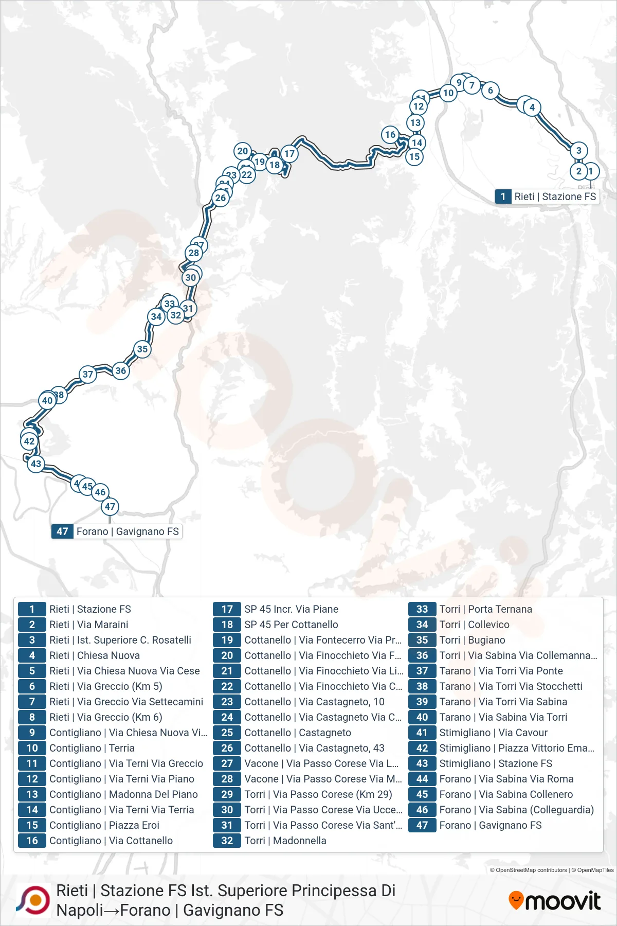 Linea COTRAL bus (Rieti | Stazione FS Ist. Superiore Principessa Di Napoli→Forano | Gavignano FS) - Percorsi e fermate sulla mappa