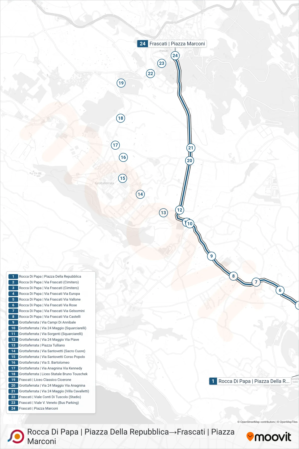 Linea COTRAL bus (Rocca Di Papa | Piazza Della Repubblica→Frascati | Piazza Marconi) - Percorsi e fermate sulla mappa