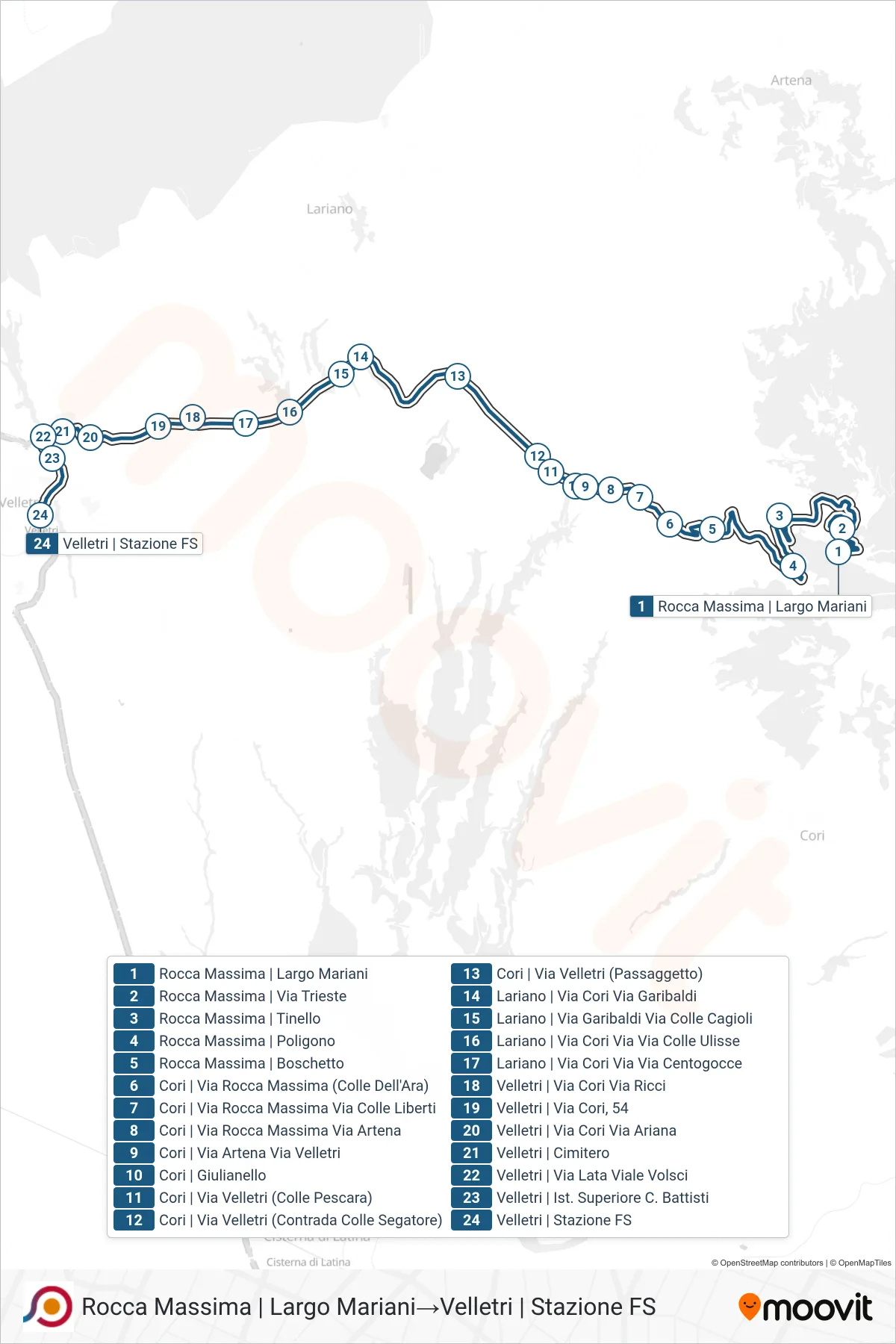 Linea COTRAL bus (Rocca Massima | Largo Mariani→Velletri | Stazione FS) - Percorsi e fermate sulla mappa