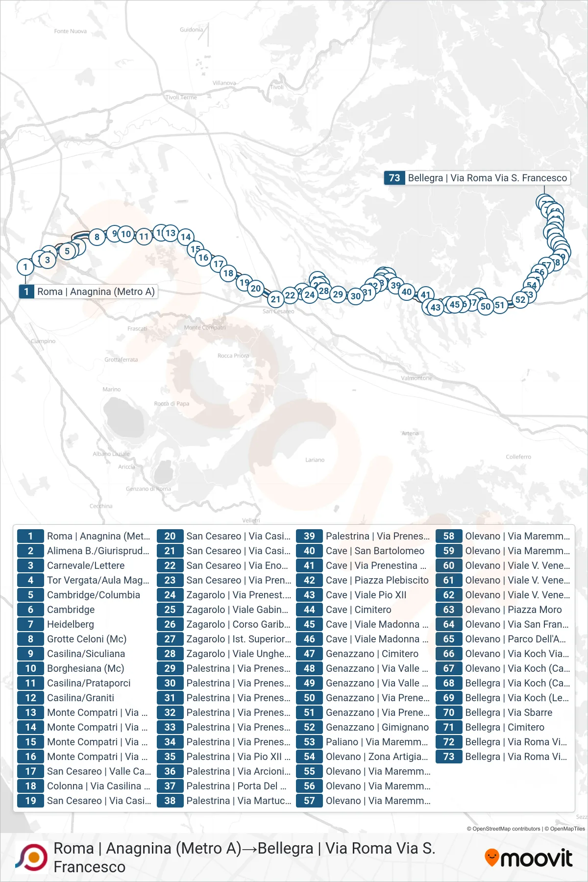 Linea COTRAL bus (Roma | Anagnina (Metro A)→Bellegra | Via Roma Via S. Francesco) - Percorsi e fermate sulla mappa