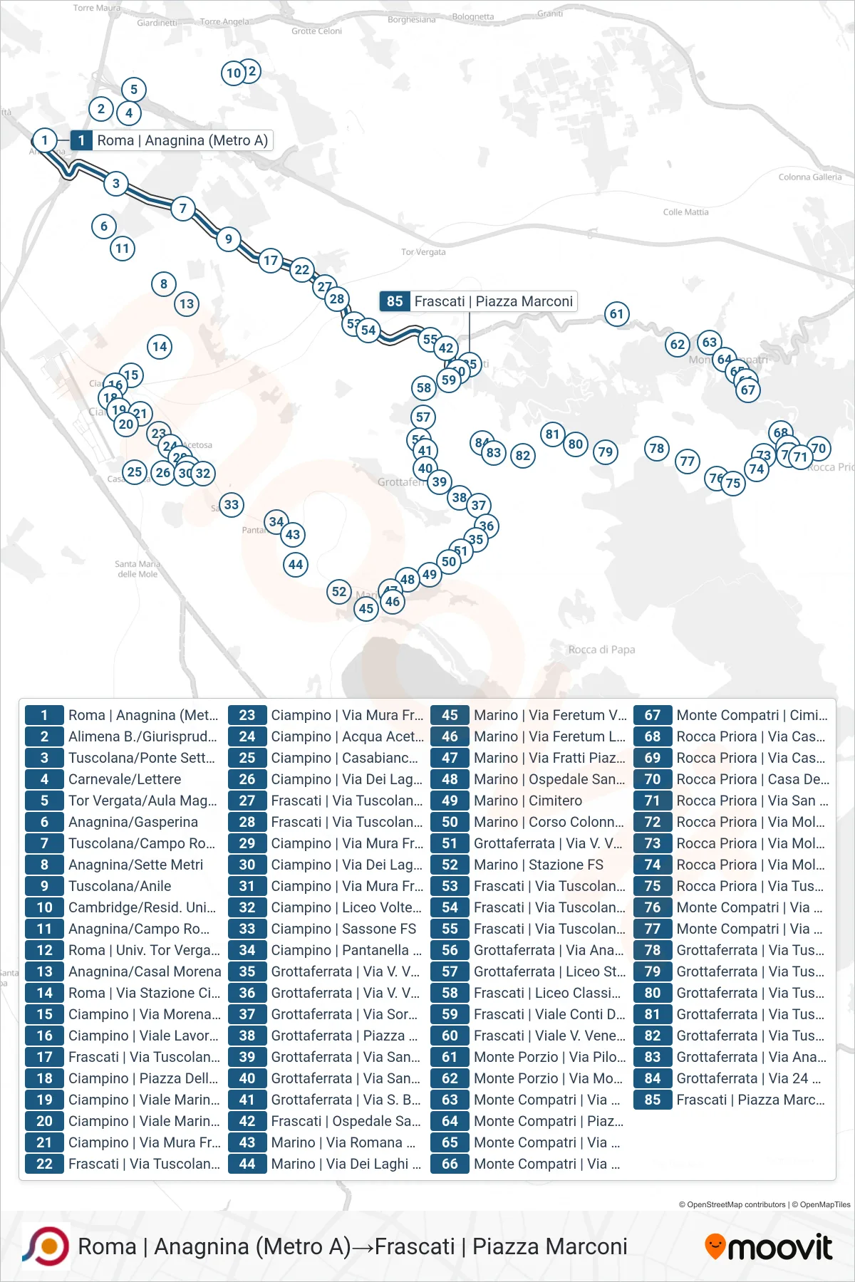 Linea COTRAL bus (Roma | Anagnina (Metro A)→Frascati | Piazza Marconi) - Percorsi e fermate sulla mappa