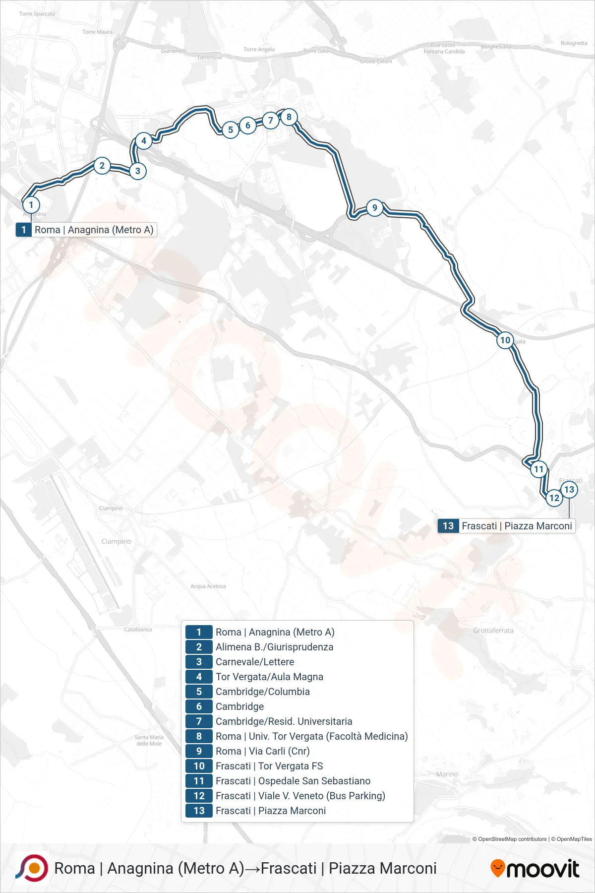 Linea COTRAL  bus (Roma | Anagnina (Metro A)‎→Frascati | Piazza Marconi) - Percorsi e fermate sulla mappa