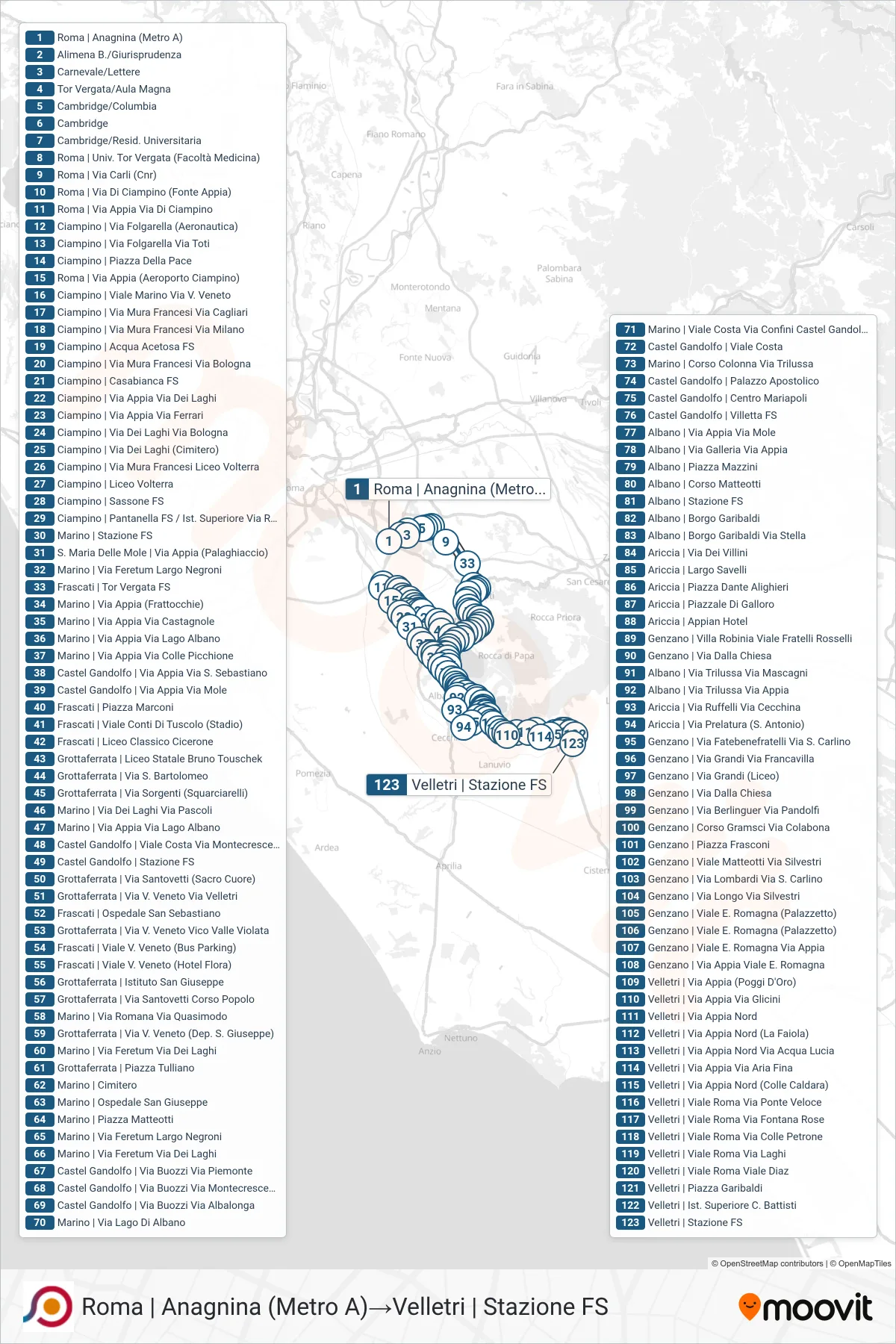 Linea COTRAL bus (Roma | Anagnina (Metro A)→Velletri | Stazione FS) - Percorsi e fermate sulla mappa