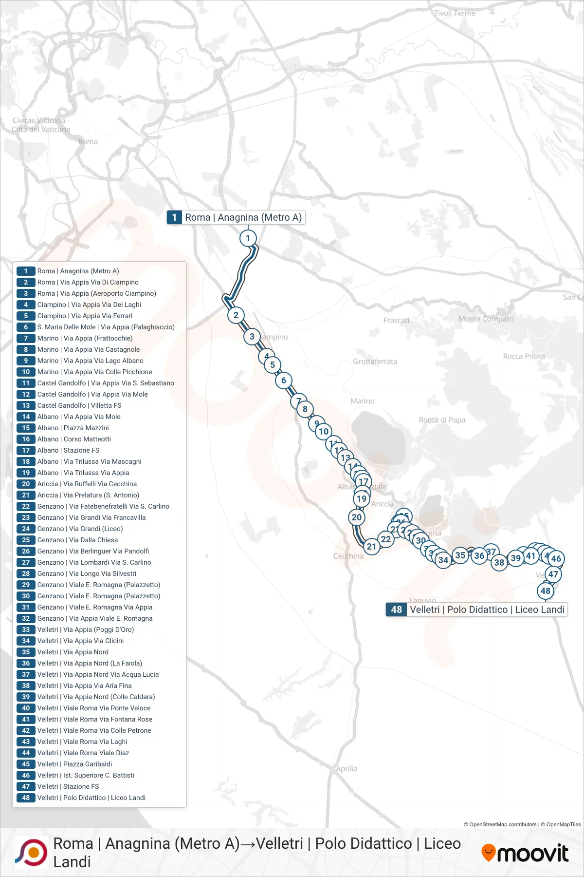 COTRAL bus Line (Rome | Anagnina (Metro A)‎→Velletri | Educational Center | Landi High School) route and stops on a map