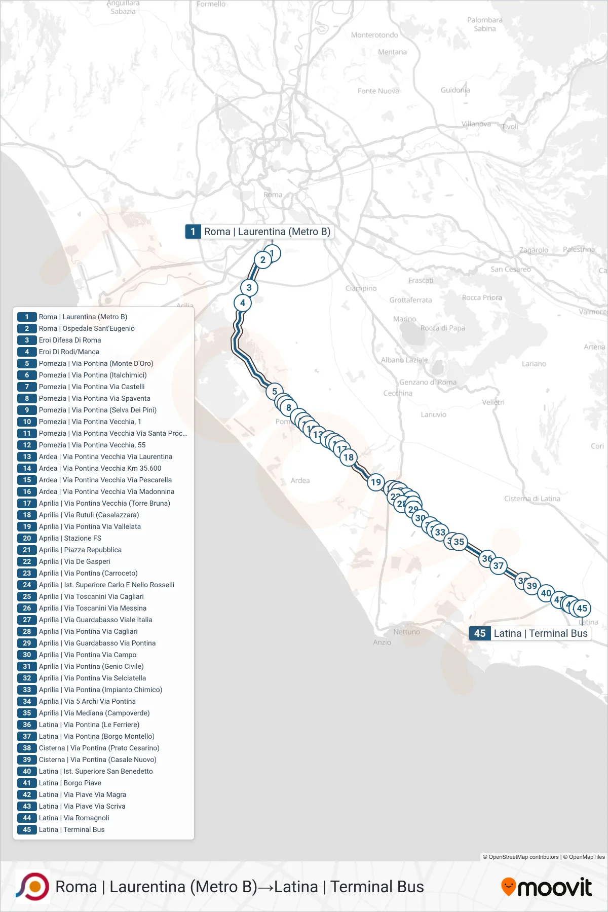 Linea COTRAL bus (Roma | Laurentina (Metro B)→Latina | Terminal Bus) - Percorsi e fermate sulla mappa