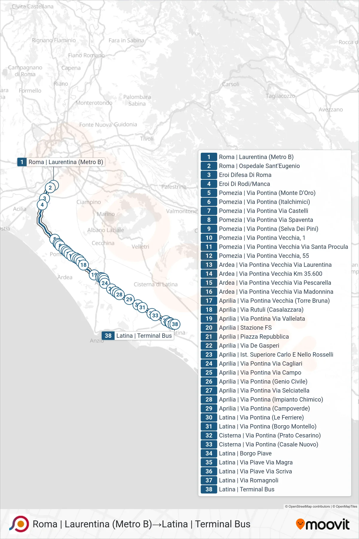 Linea COTRAL bus (Roma | Laurentina (Metro B)→Latina | Terminal Bus) - Percorsi e fermate sulla mappa