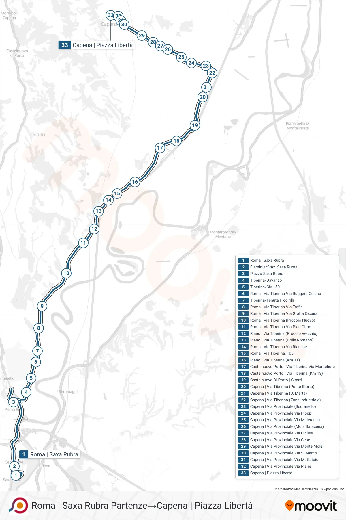 Linea COTRAL bus (Roma | Saxa Rubra Partenze→Capena | Piazza Libertà) - Percorsi e fermate sulla mappa