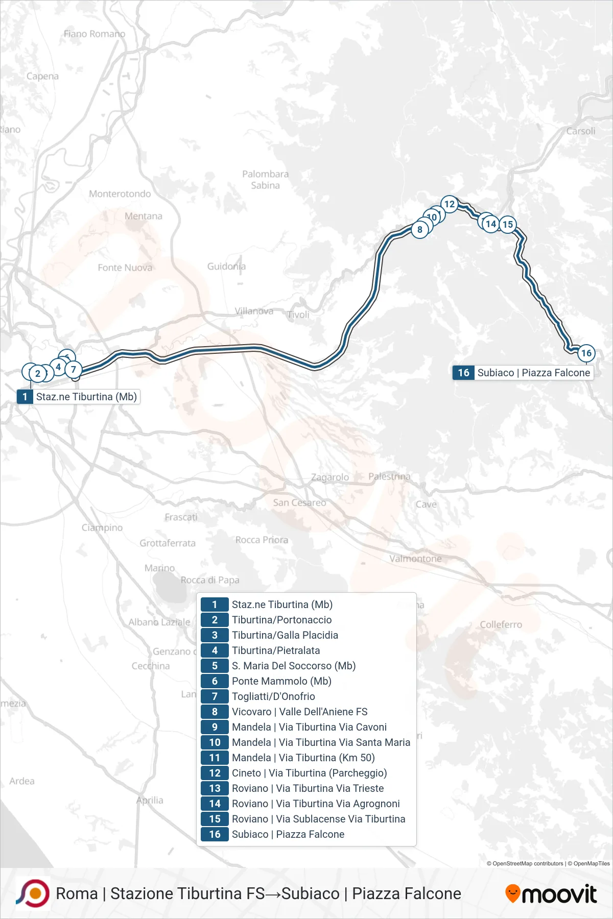 Linea COTRAL bus (Roma | Stazione Tiburtina FS→Subiaco | Piazza Falcone) - Percorsi e fermate sulla mappa
