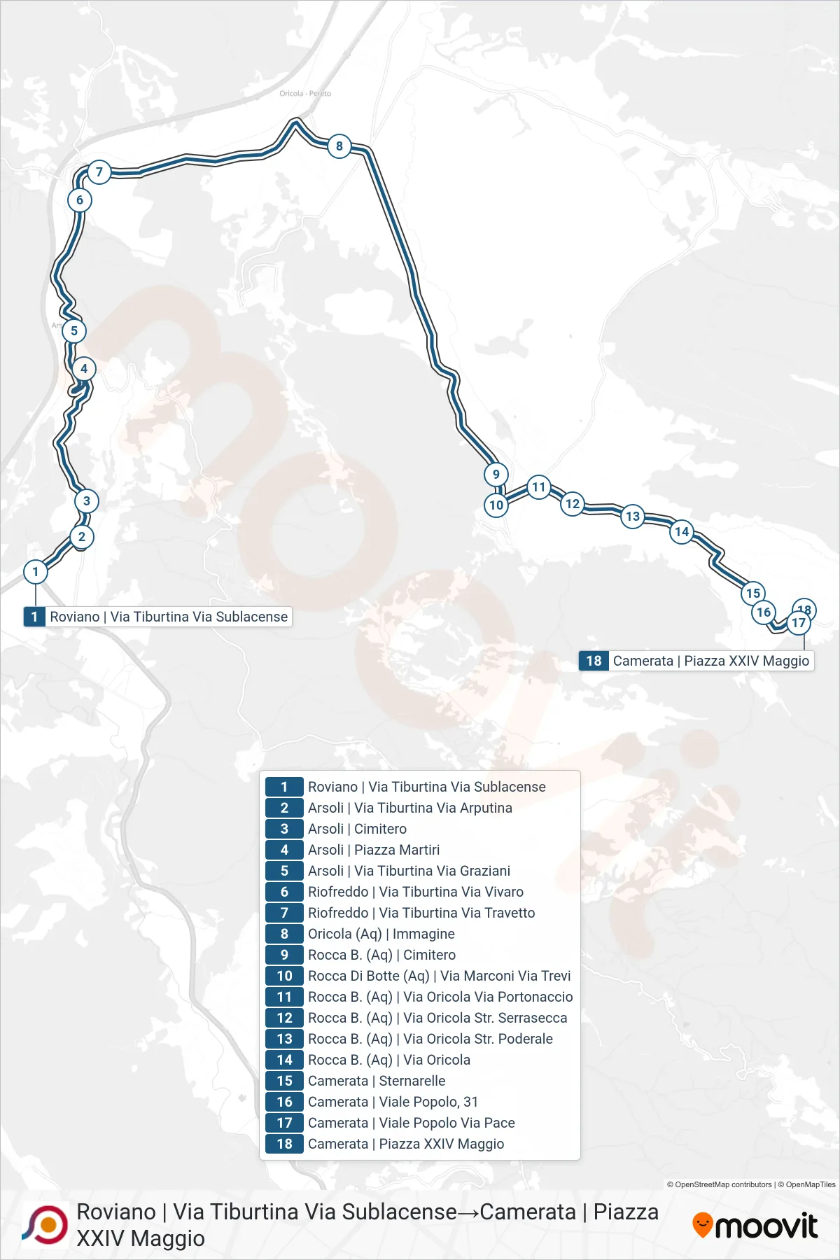 Linea COTRAL bus (Roviano | Via Tiburtina Via Sublacense→Camerata | Piazza XXIV Maggio) - Percorsi e fermate sulla mappa