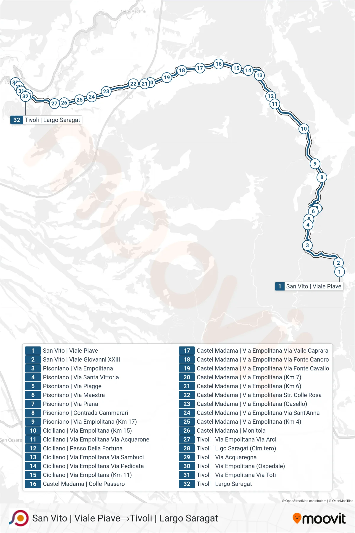 Linea COTRAL bus (San Vito | Viale Piave→Tivoli | Largo Saragat) - Percorsi e fermate sulla mappa