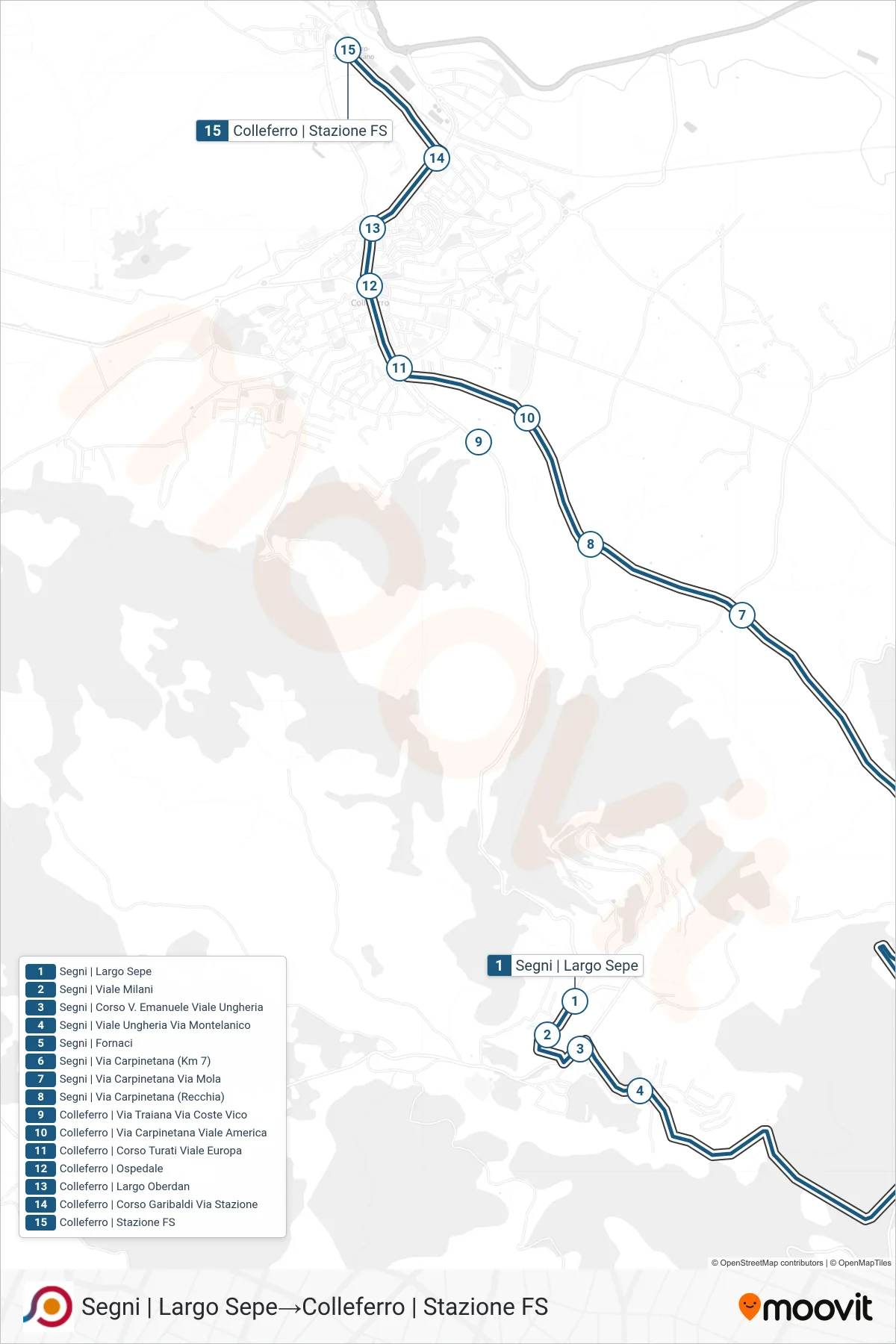 COTRAL bus Line (Segni Largo Sepe→Colleferro | Railway Station) route and stops on a map