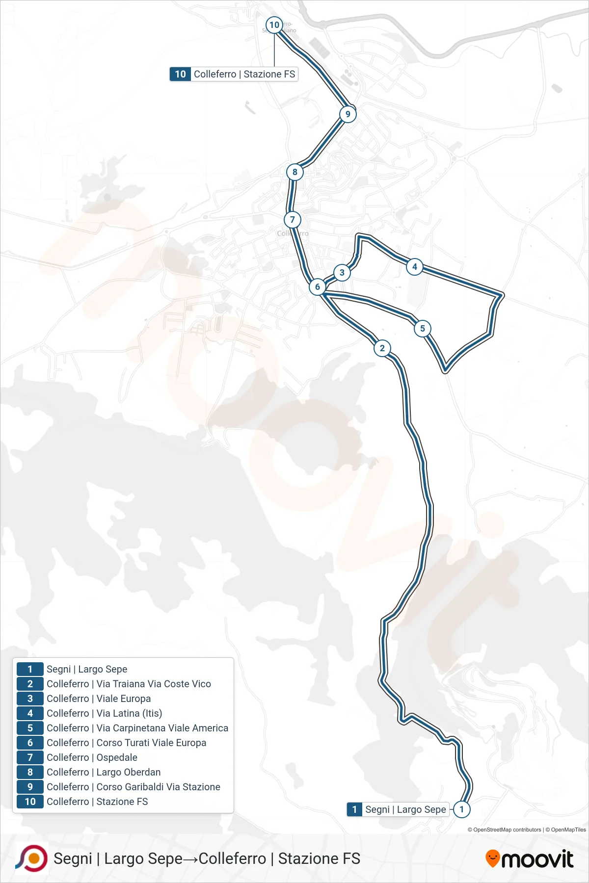 Linea COTRAL bus (Segni | Largo Sepe→Colleferro | Stazione FS) - Percorsi e fermate sulla mappa