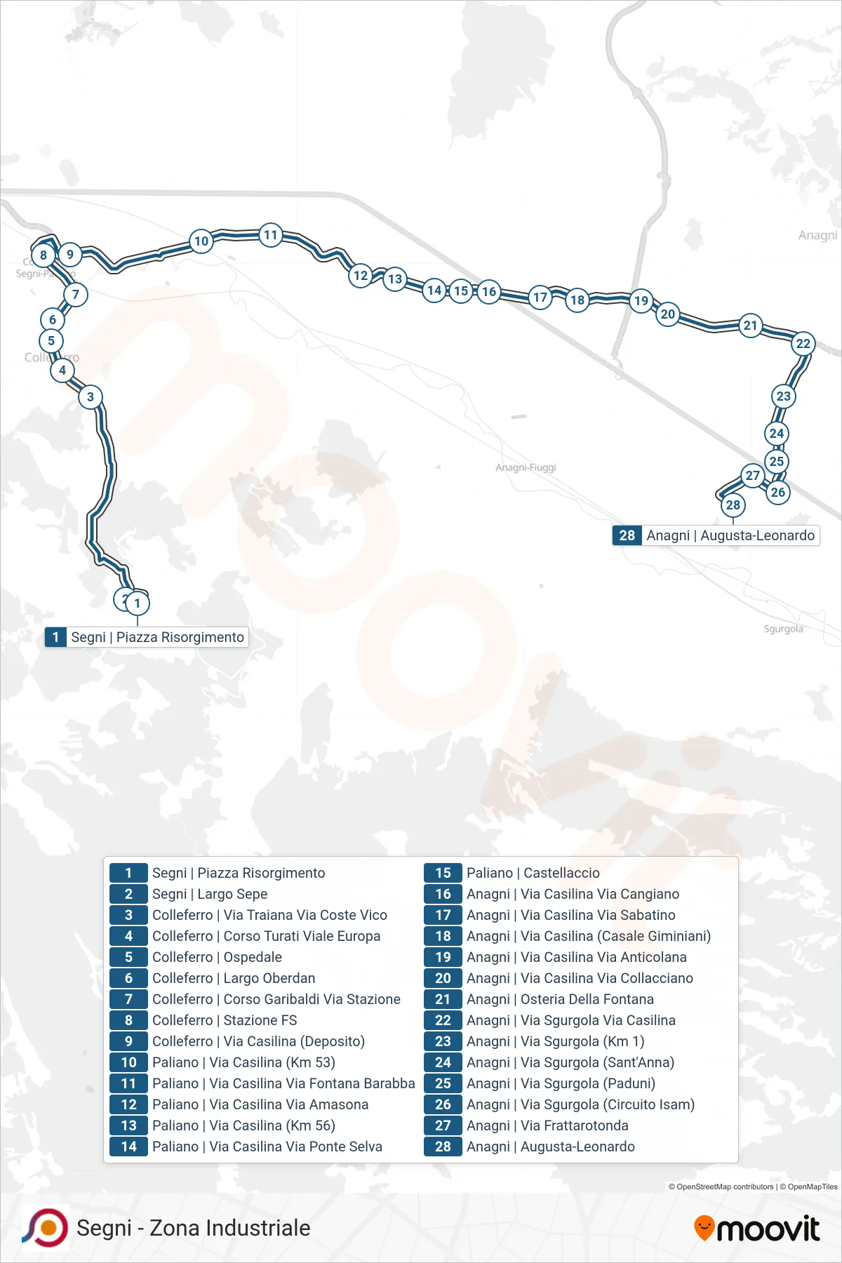 Linea COTRAL bus (Segni | Piazza Risorgimento→Anagni | Augusta-Leonardo) - Percorsi e fermate sulla mappa