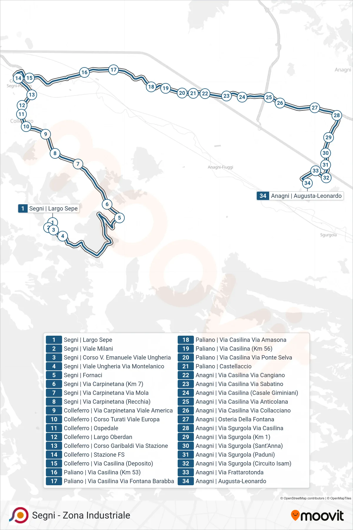 Linea COTRAL bus (Segni | Largo Sepe→Anagni | Augusta-Leonardo) - Percorsi e fermate sulla mappa