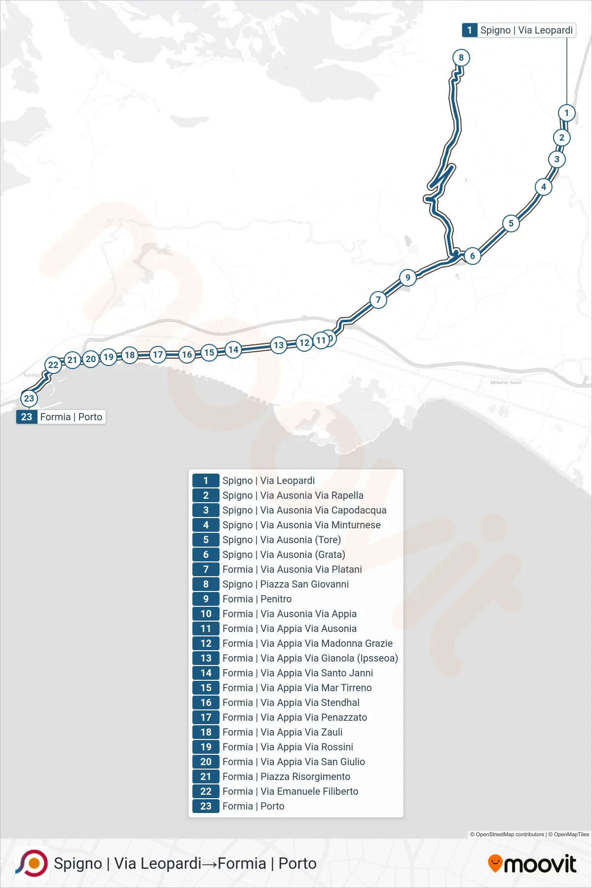 COTRAL bus Line (Spigno | Via Leopardi→Formia | Port) route and stops on a map
