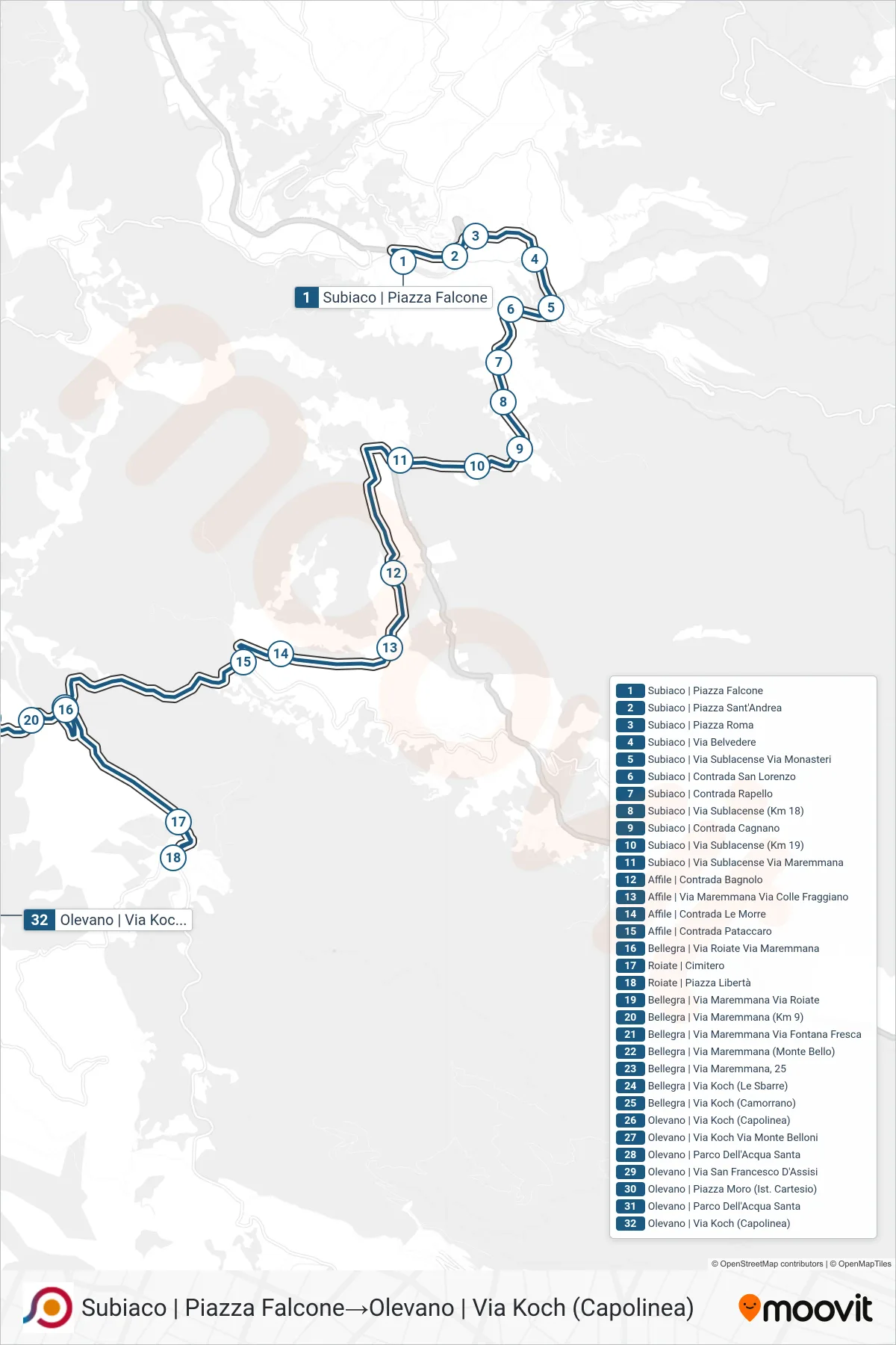 Linea COTRAL bus (Subiaco | Piazza Falcone→Olevano | Via Koch (Capolinea)) - Percorsi e fermate sulla mappa