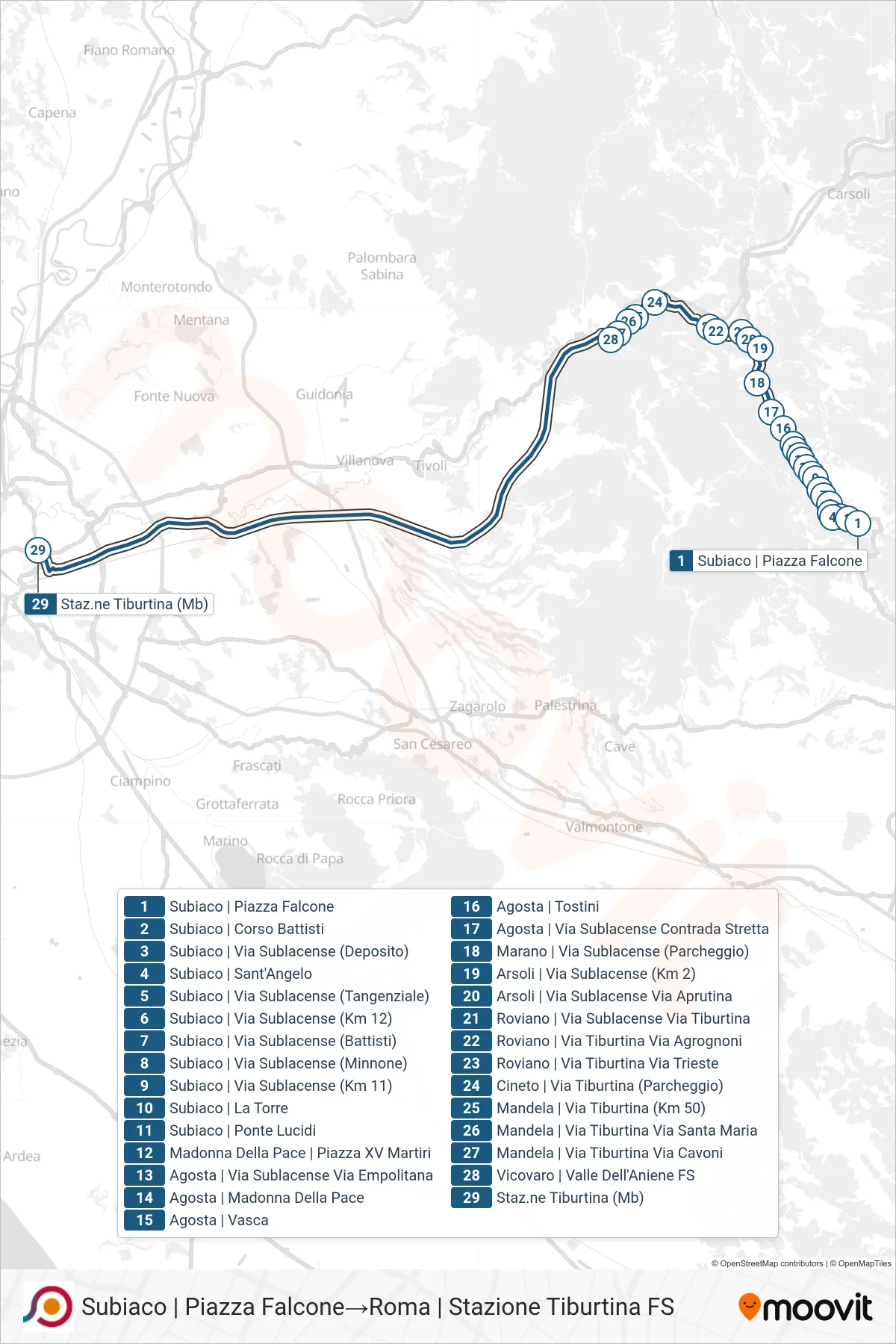 Linea COTRAL  bus (Subiaco | Piazza Falcone‎→Roma | Stazione Tiburtina FS) - Percorsi e fermate sulla mappa