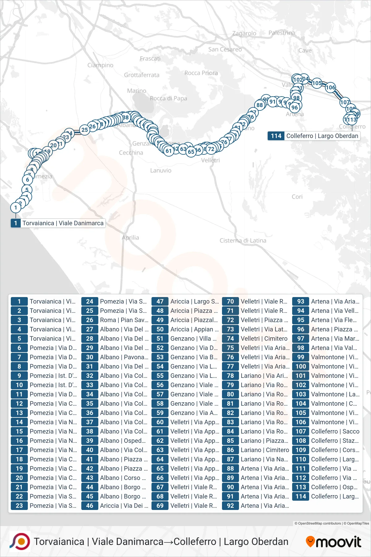 Linea COTRAL bus (Torvaianica | Viale Danimarca→Colleferro | Largo Oberdan) - Percorsi e fermate sulla mappa