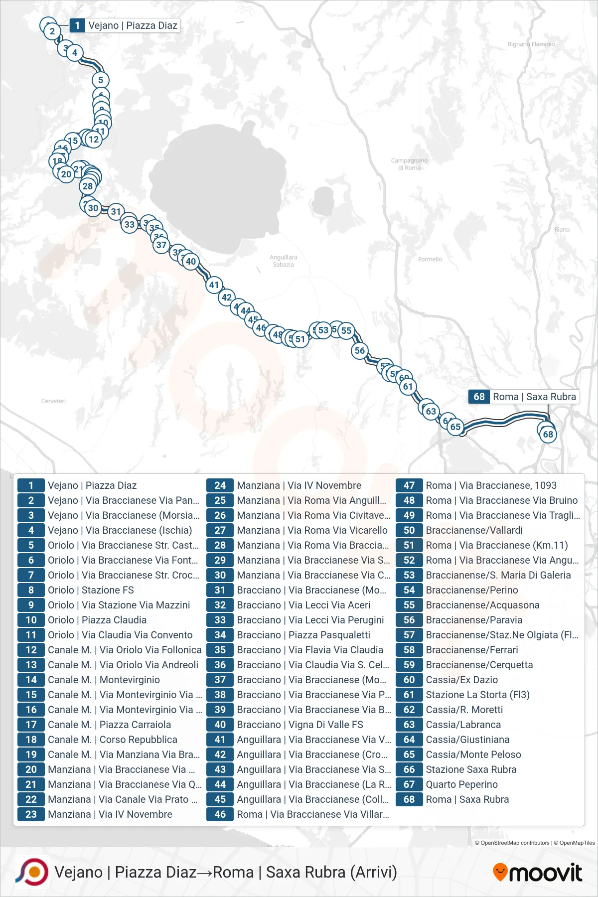 Linea COTRAL bus (Vejano | Piazza Diaz→Roma | Saxa Rubra (Arrivi)) - Percorsi e fermate sulla mappa
