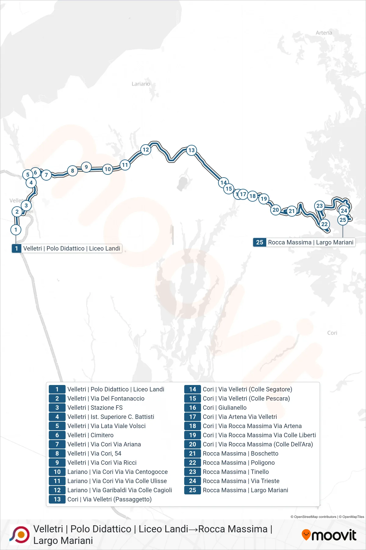 COTRAL bus Line (Velletri | Educational Center | Landi High School→Rocca Massima | Largo Mariani) route and stops on a map