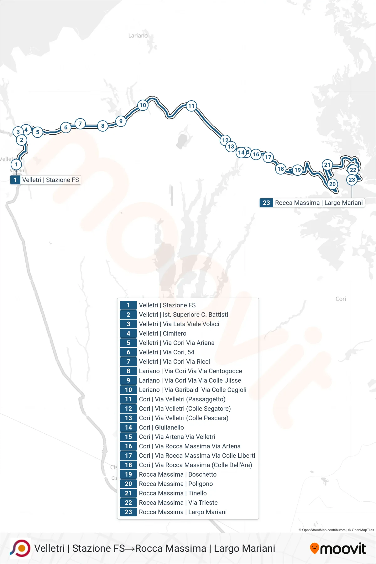 Linea COTRAL bus (Velletri | Stazione FS→Rocca Massima | Largo Mariani) - Percorsi e fermate sulla mappa