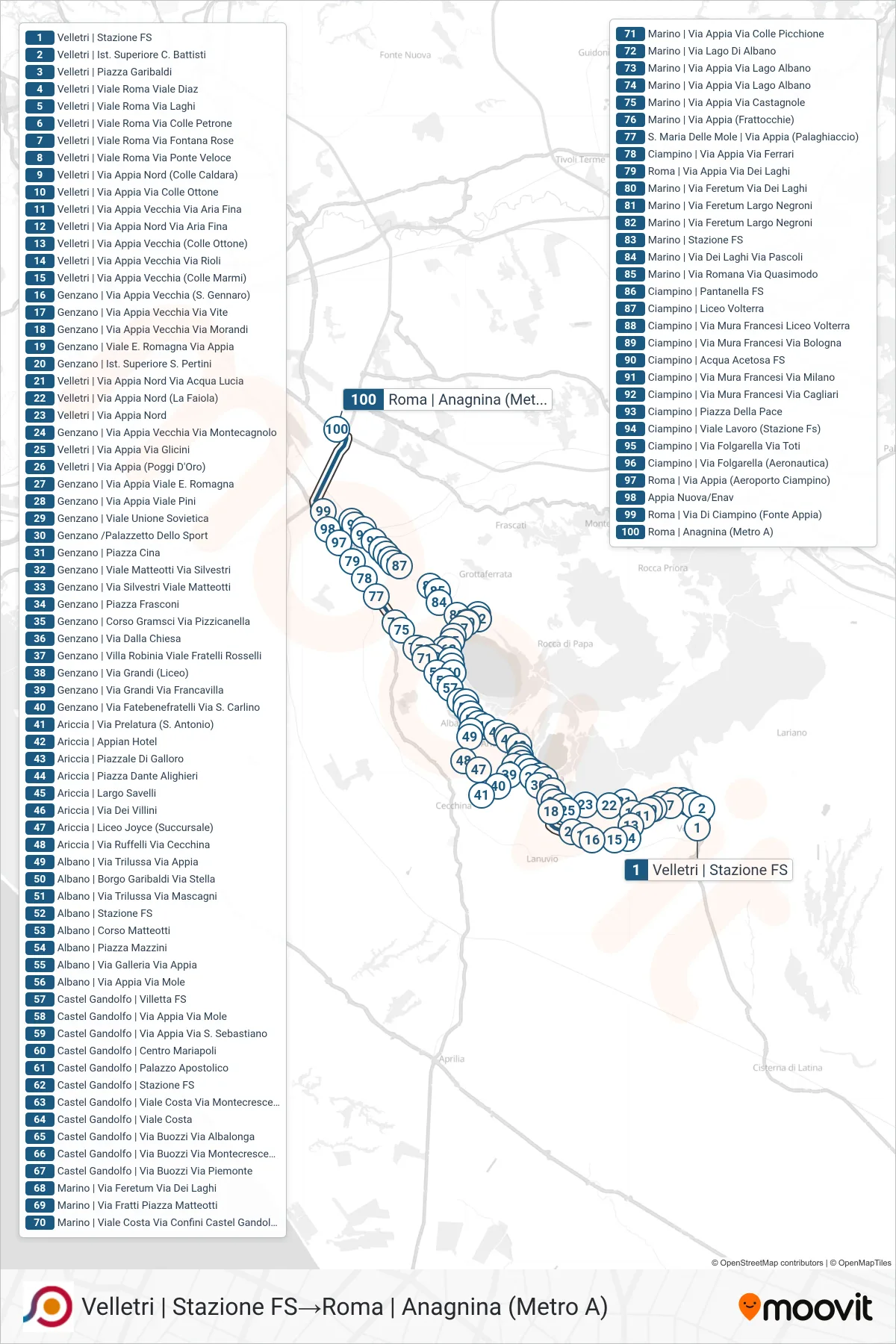 Linea COTRAL bus (Velletri | Stazione FS→Roma | Anagnina (Metro A)) - Percorsi e fermate sulla mappa